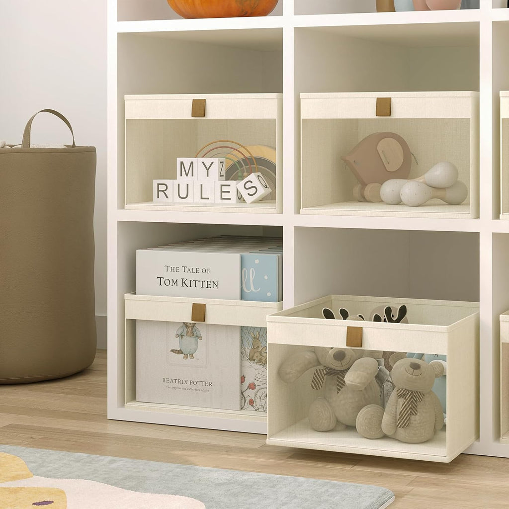 Linen Closet Organizers and Storage, Closet Storage Bins Basket Organizer, Foldable Organization Baskets with Mesh Window for Clothes Towels and Toys, 12.75" x 12.75" x 9", Beige, 2 pack