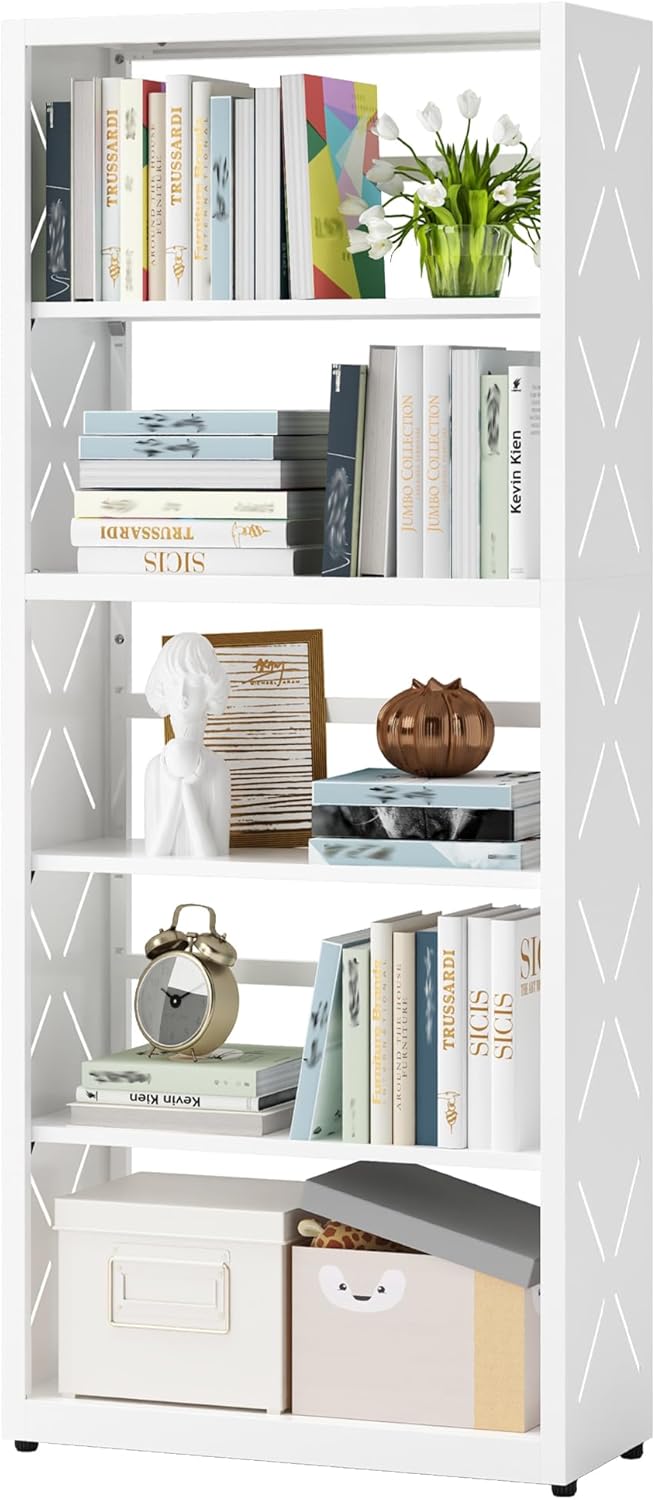 Industrial Bookshelf,5 Tier Bookcase,55" White Metal Tall Bookshelf with Adjustable Feet and Adjustable Shelves,Home Office Bookcase Shelf Storage Organizer for Living Room、Kitchen