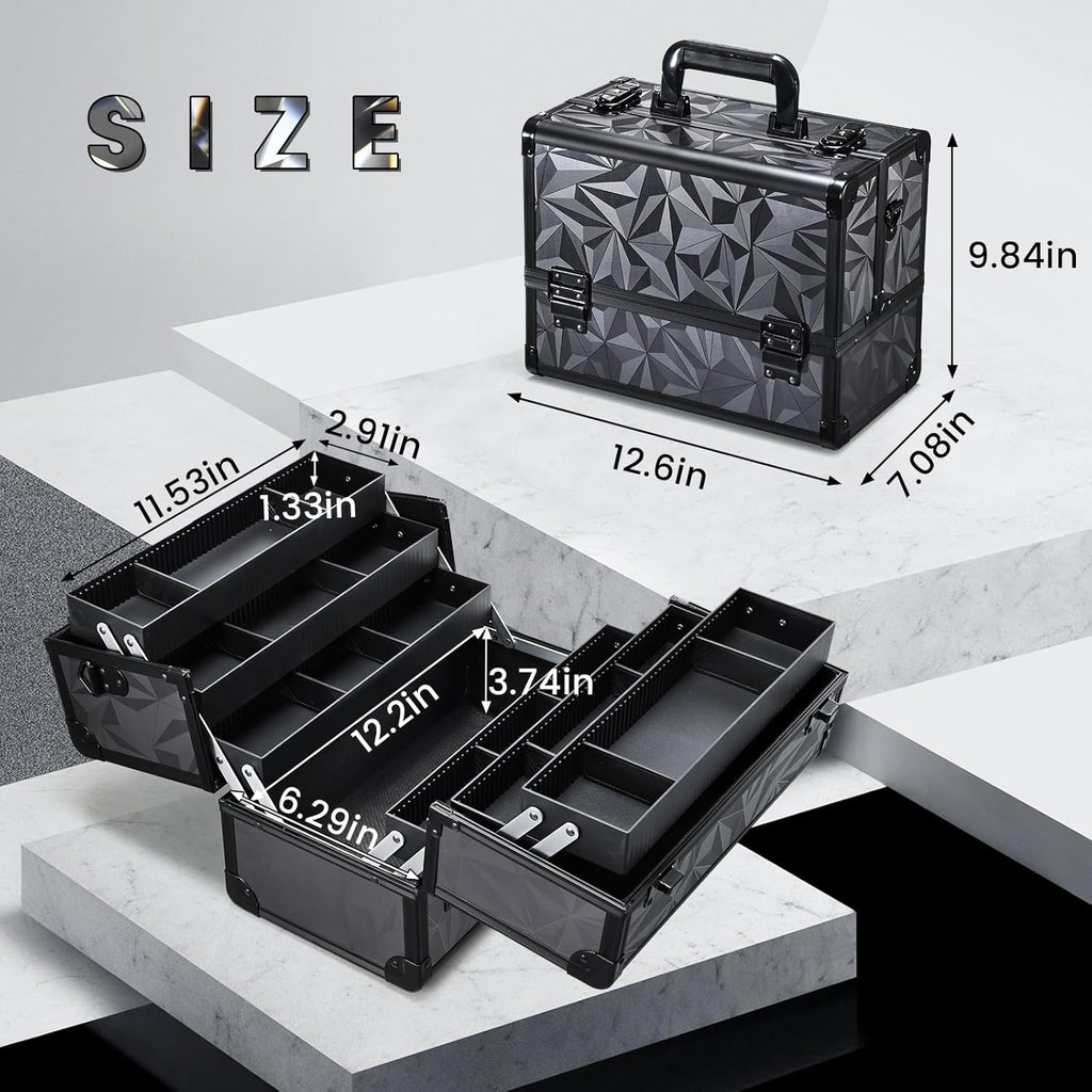 FRENESSA Makeup Case Extra Large Makeup Train Case 12.6 Inch Makeup Box Organizer Profressional Make Up Cases Storage Cosmetic Artist Travel Case with Divider Shoulder Strap Hard Vanity Dark Black