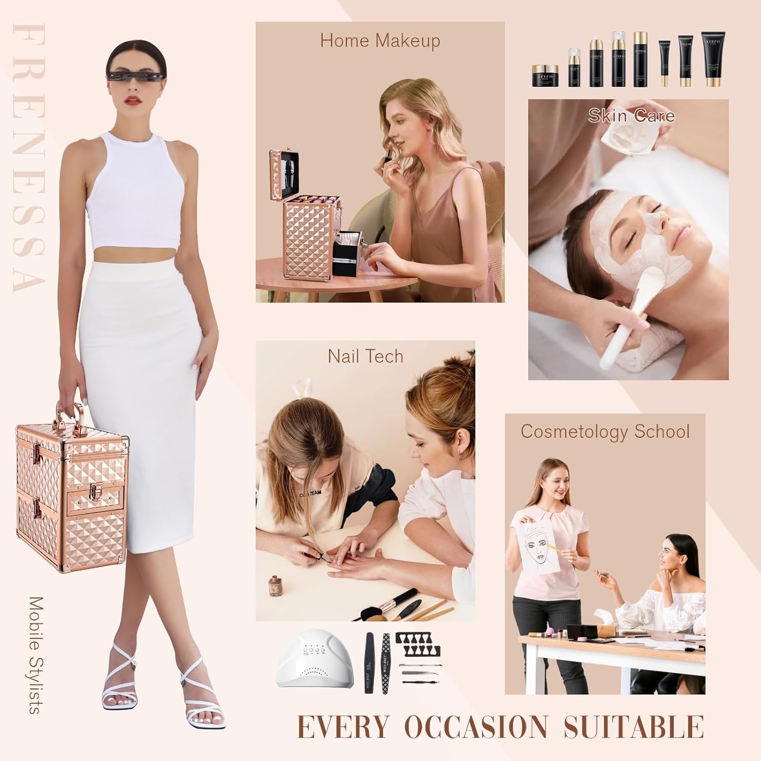 Makeup Train Case Professional Makeup Organizer Case with Drawer Mirror Extra Large Makeup Manicure Accessory with Dividers Travel Cosmetic Case for Cosmetologist Nail Tech Kits Makeup Case Rose Gold