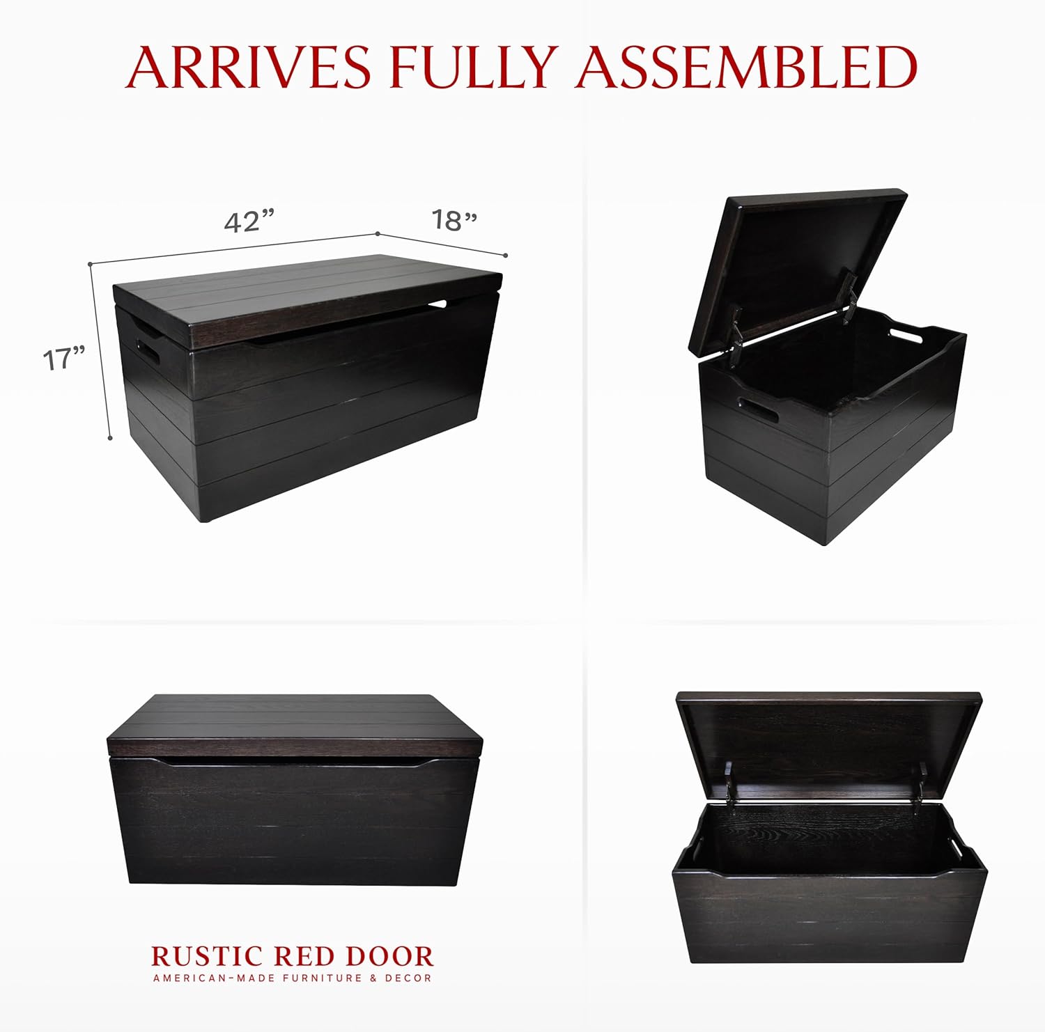 Amish Made Wooden Storage Chest Trunk Box with Lid and Handles for Bedroolanket, Clothes, Anti-Slam Hinges, Handmade, Rustic, Oak Wood, Onyx Stain, 42"