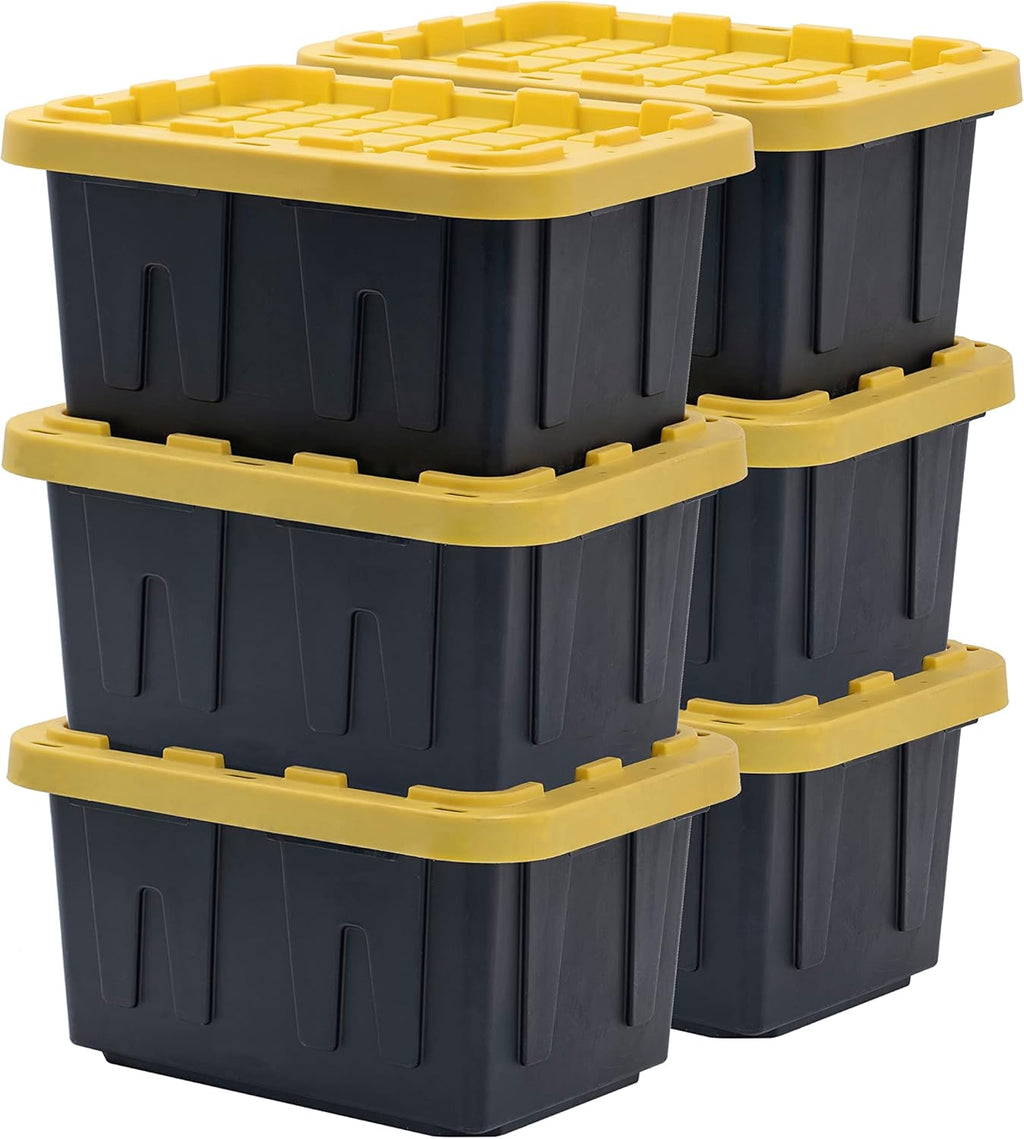 BLACK & YELLOW, 5-Gallon Heavy Duty Tough Storage Container & Snap-Tight Lid, (8.6"H x 12.3"W x 16.4"D), Weather-Resistant Design and Stackable Organization Tote [6 Pack]