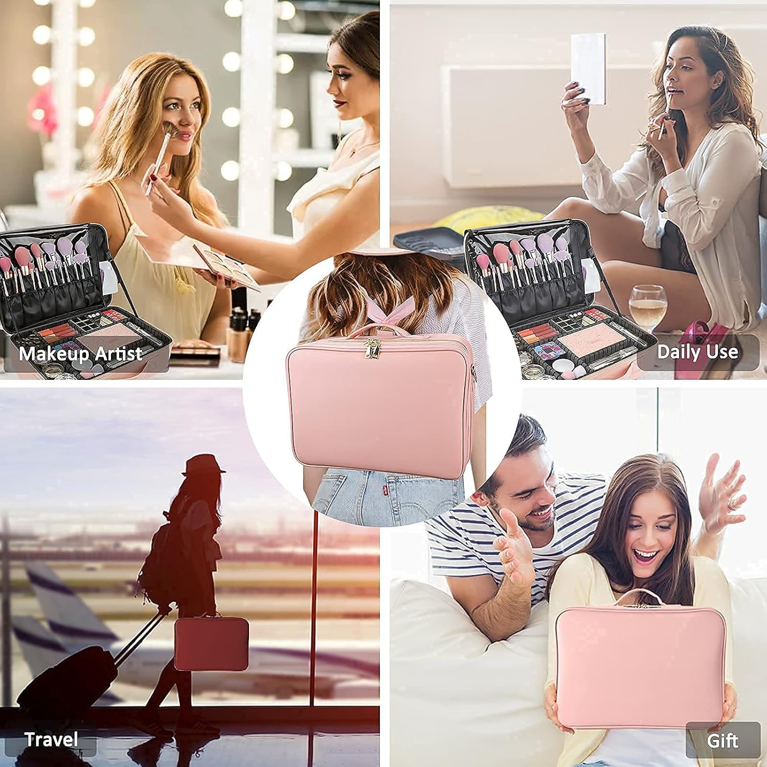 JOURMON Travel Makeup Train Case,Large Capacity Cosmetic Bags for Women,Portable Makeup Bag Organizer with Adjustable Dividers & Shoulder Strap(Pink, L)