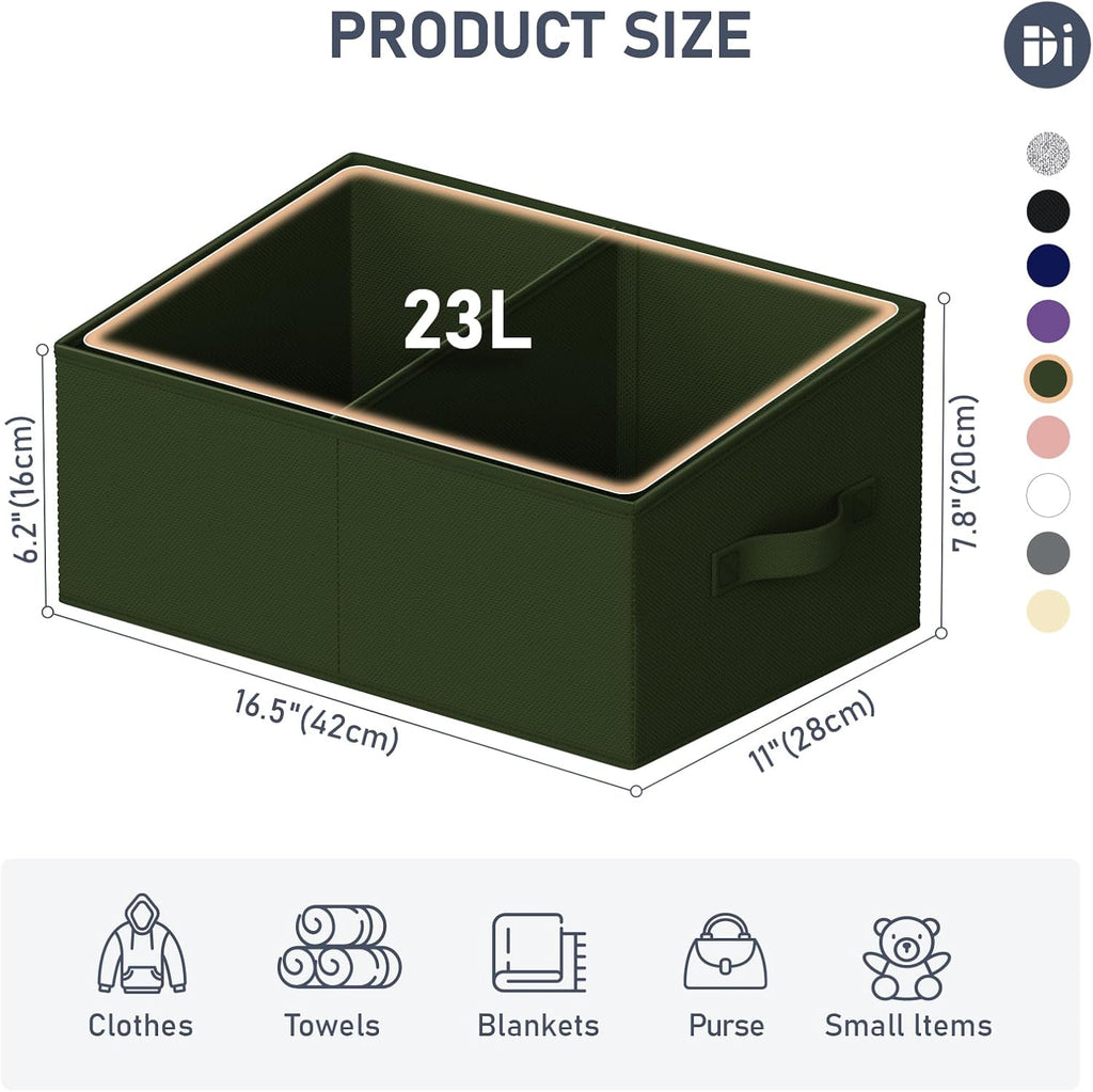 DIMJ Large Closet Shelf Organizer Bins 6 Packs with Handles and Divider, Fabric Trapezoid Storage Baskets, Foldable Clothes Containers Box for Shelf, Towel, Book, Toy, Purse, Hats, Green