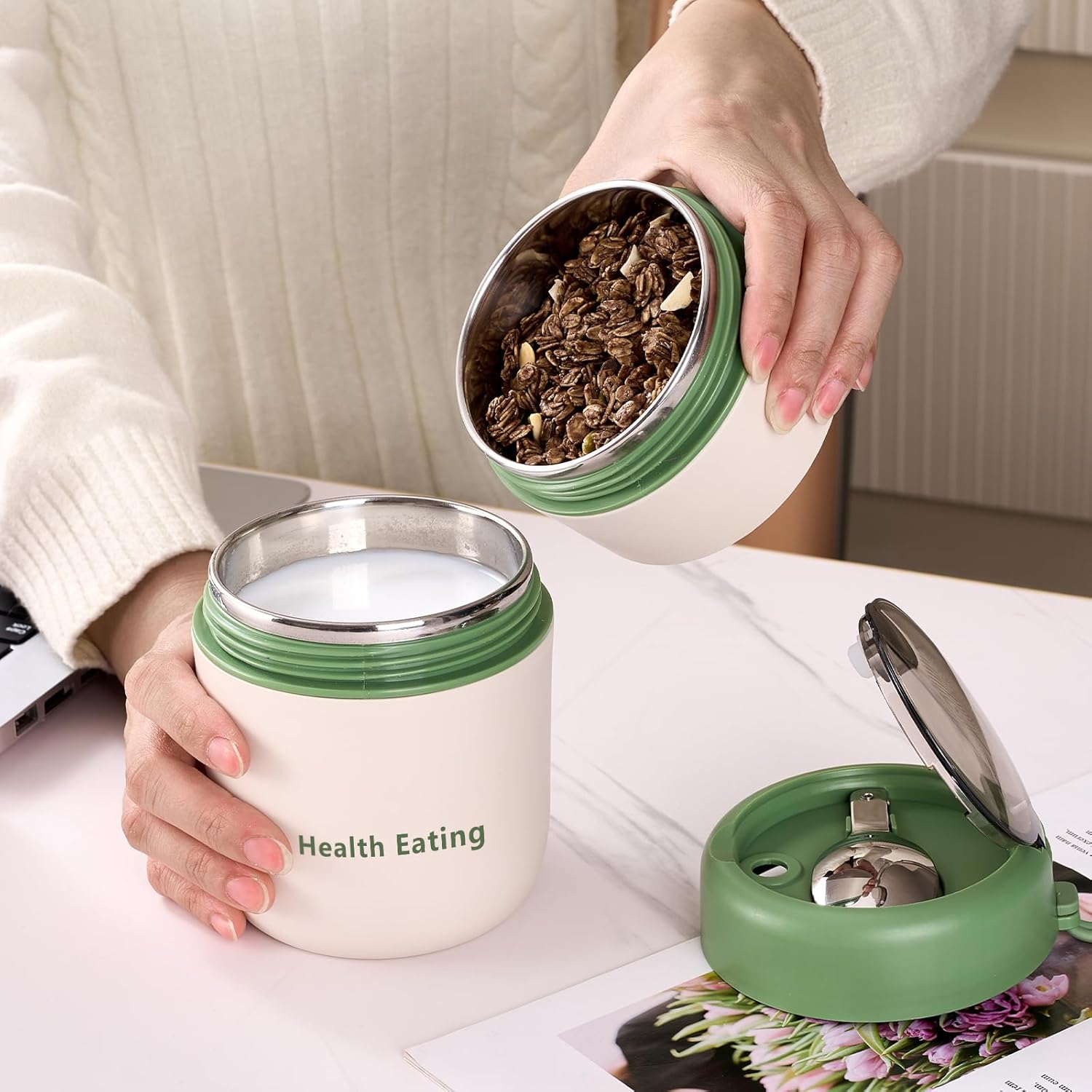 Overnight Oats Containers with Lids and Spoons, 24 oz On The Go Reusable Snack Cup Container for Yogurt Parfait, Middle Compartment, Portable & Lightweight for Work, Travel, Gym - Dishwasher Safe