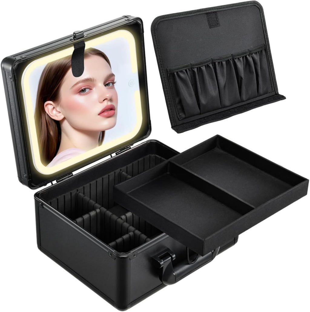 Makeup Case with Lighted Vanity Mirror, Makeup Organizer Box Travel Make up Case with LED Mirror Portable Cosmetic Train Case for Countertop Lockable Makeup Suitcase with Adjustable Dividers