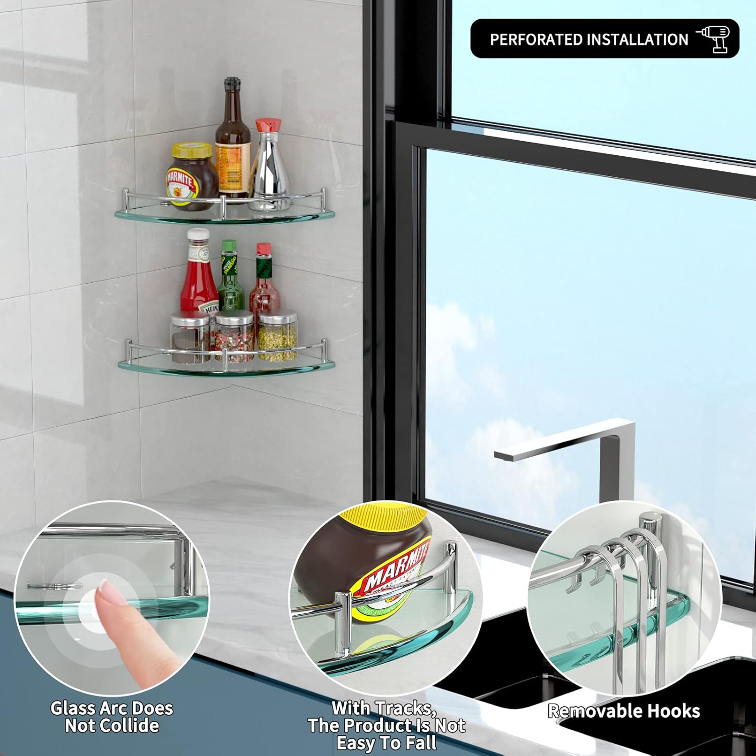 Glass Shower Shelves, Glass Bathroom Corner Shelf Wall Mounted Shelf Shampoo Holder Organizer Extra 8MM Thick Corner Shelves for Inside Shower with 3 Hooks