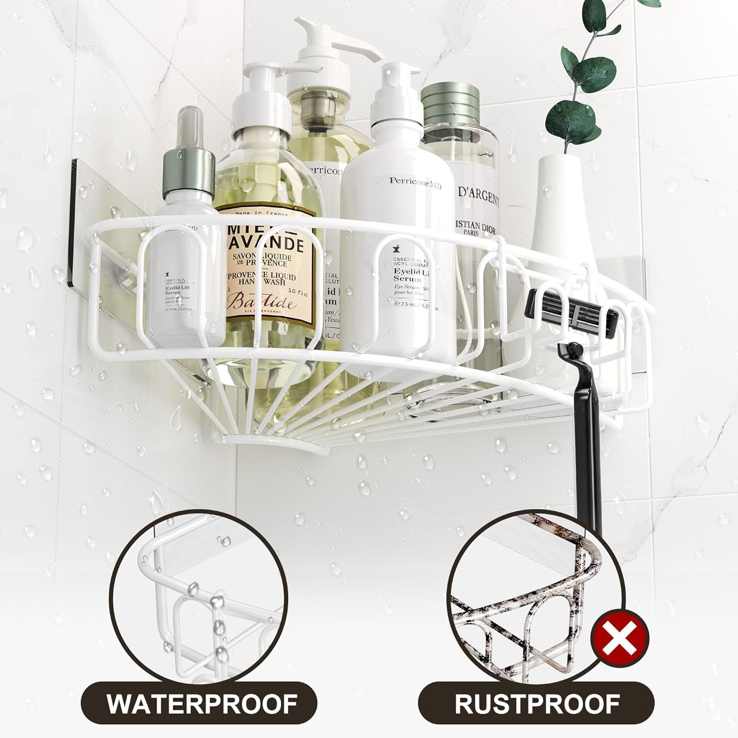 Orimade Corner Shower Caddy Stainless Steel with Hooks Wall Mounted Bathroom Shelf Storage Organizer Adhesive No Drilling 3 Pack, White Only for 90-Degree Corner