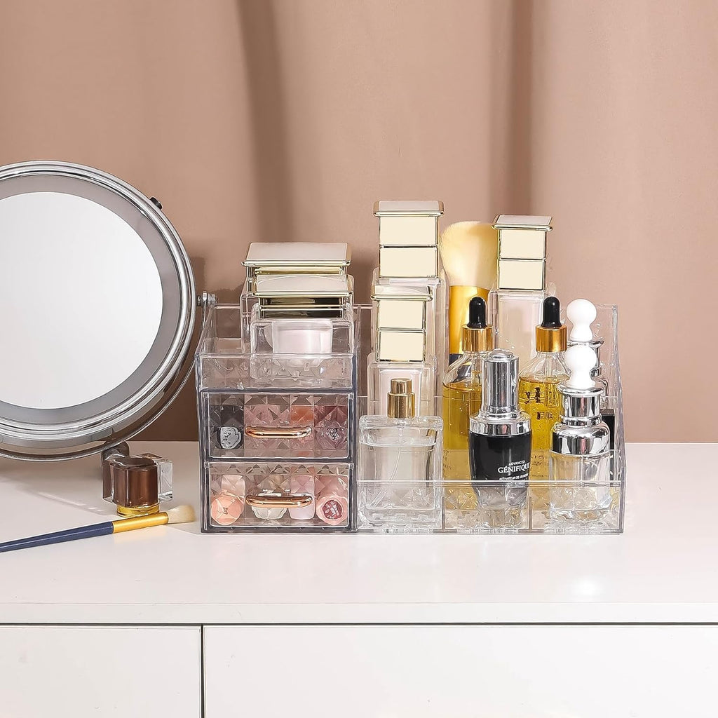 Clear Makeup Organizer for Vanity,Desk Makeup Caddy With Drawers for Cosmetics,Lipsticks Nail Care Skincare Jewelry Countertop Organizers,Cosmetic Display Cases for Bathroom, Dresser (Clear)