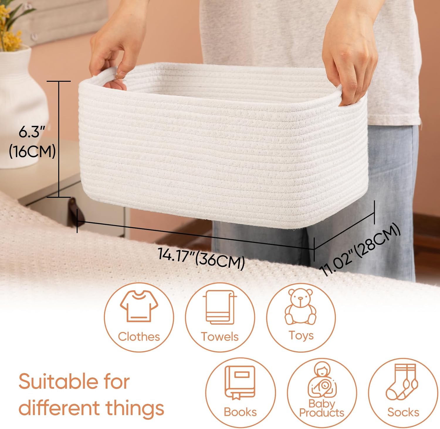 OIAHOMY 4 Pack 14.17*11.02*6.3IN Storage Baskets for Organizing Shelves, Woven Rope Baskets for Organizing Books, Clothes, Decorative Basket for Living Room, Nursery, Bedroom, Gift Basket, White