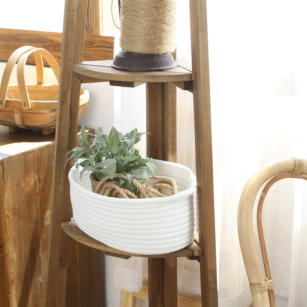 Sea Team 2-Pack Cotton Rope Baskets, 10 x 7 x 4 Inches Small Woven Storage Basket, Fabric Tray, Bowl, Oval Open Dish for Fruits, Jewelry, Keys, Sewing Kits (White)