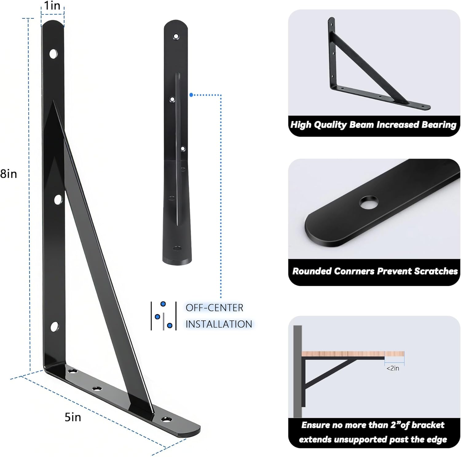 10 Pack L 8" x H 5" Heavy Duty Shelf Brackets with Screws Open Floating Shelving Bracket L Brackets Black Metal Shelf Brackets for Shelves, Room, Pantry,Garage