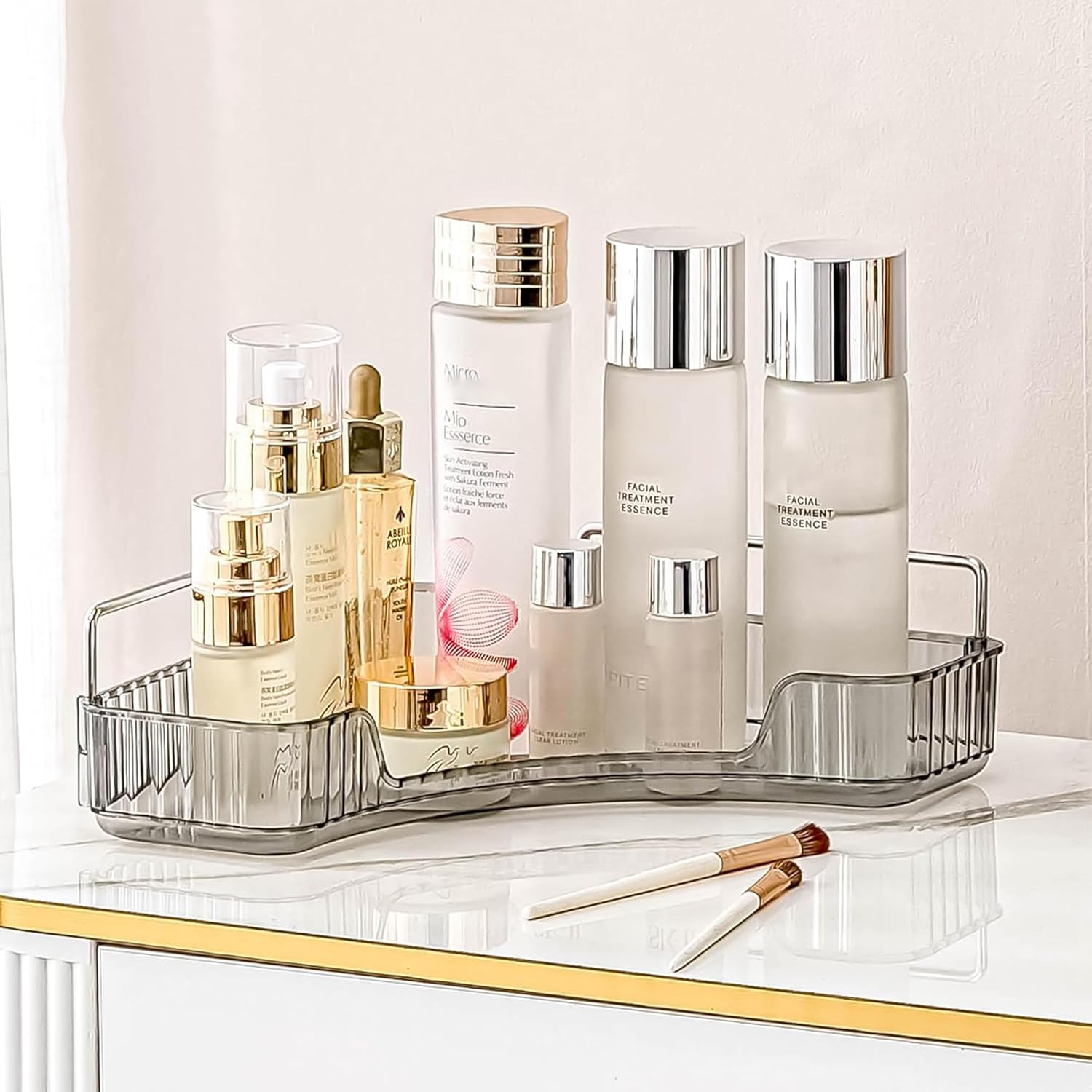 Corner Bathroom Countertop Organizer, Vanity Organizer Trays for Counter, Makeup Organizers, Perfume Tray, Skincare Shelf Storage Gifts for Women Girl Student (Smoky Gray 1 Tier)