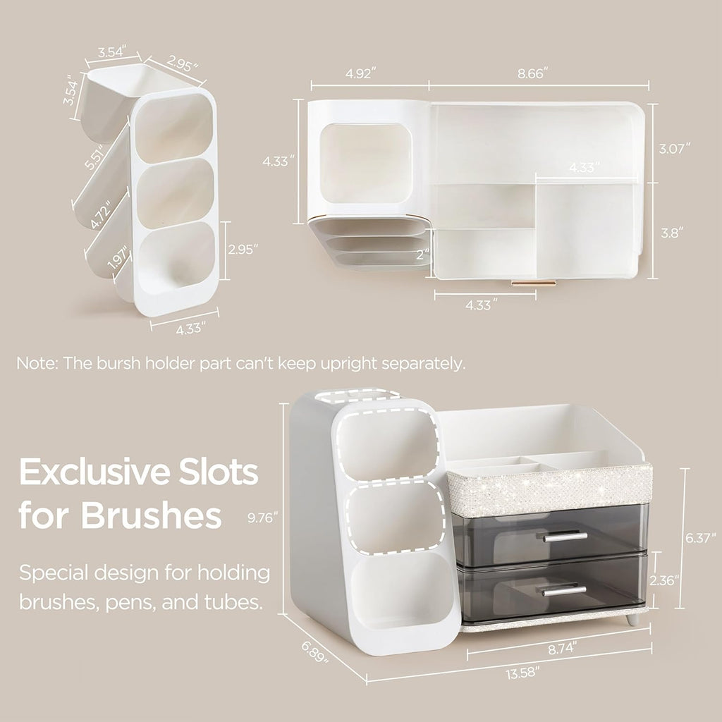 HBlife Makeup Organizer with Brush Holder for Vanity, Large Plastic Bathroom Countertop Organizer Skin Care Storage, Easy to Store Lipsticks, Nail Polishes, Perfumes, Eyeshadow Palettes, Pearl White