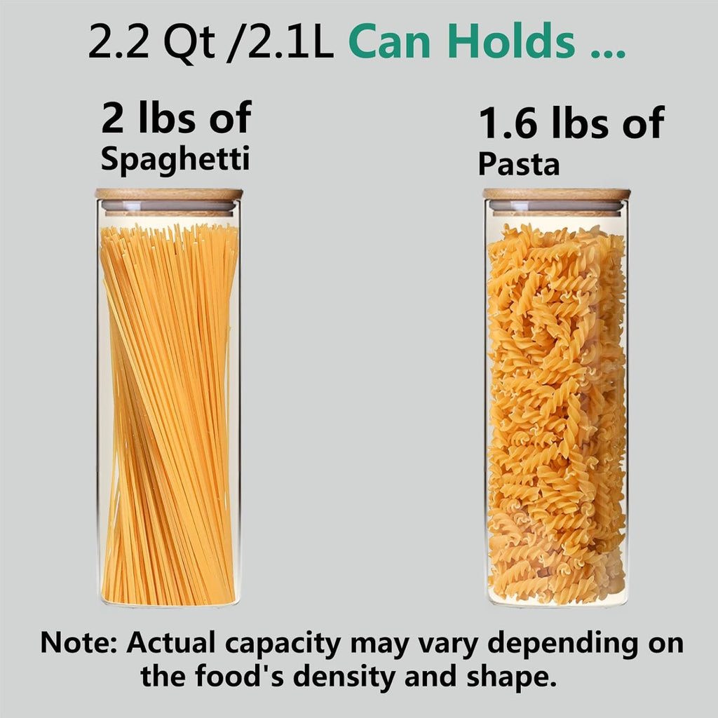 2.2 Qt Square Glass Storage Containers with Lids, Clear Food Storage Container Jar with Sealing Bamboo Lid Storage Containers for Pasta, Oats, Coffee, Flour, Sugar (Square -3Pack)