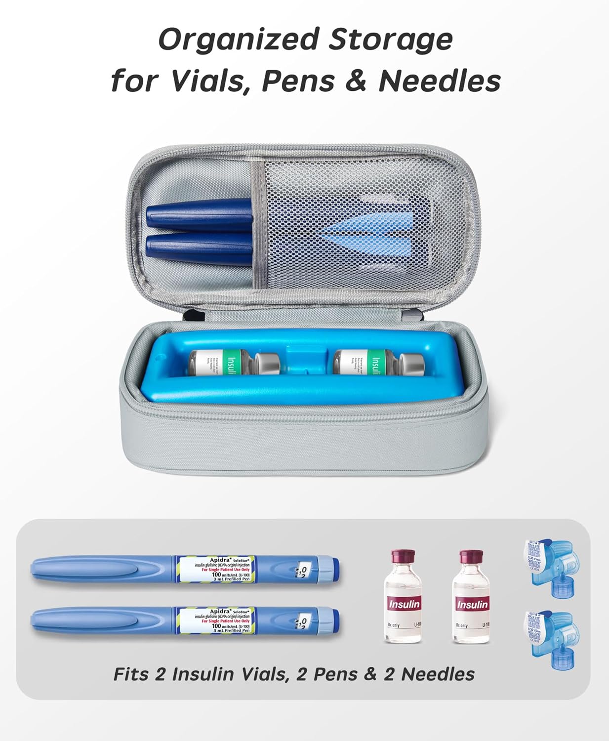 Insulin Vial Cooler Travel Case TSA Approved 300g Reusable Ice Brick Insulin Pen Case Holds 2 Pens and 2 Vials Long Lasting Medicine Cooler for Travel Camping and Outdoor Activities (Gray)