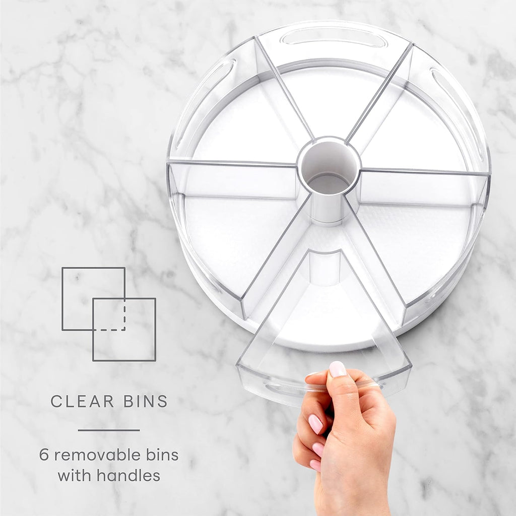 YouCopia Crazy Susan Lazy Susan Organizer, 6 BPA-Free Removable Clear Bins with Handles, Rotating Storage Turntable for Kitchen Cabinet, Pantry and Bathroom Organization,White