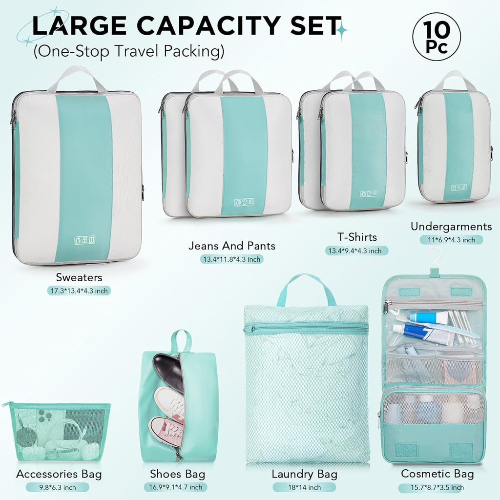 10 Set Compression Packing Cubes for Travel Essentials,Compressible Expandable Packing Cubes for Suitcase,OlarHike Luggage Organizer Bags for Travel,Handy Helper for Organizing Clothes(Cyan)
