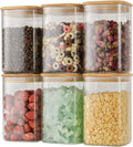 37oz Airtight Glass Square Storage Canisters with Bamboo Lid Set of 6 (1100ml) Stackable Containers, Kitchen Jars for Pantry Noodles, Flour and Coffee beans (‎with Black Lable)
