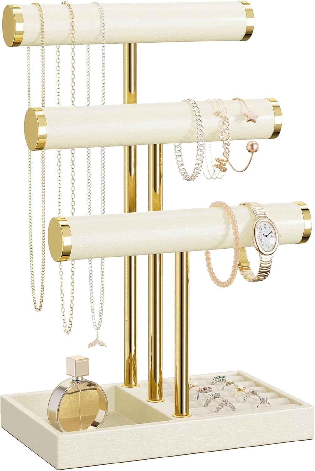 3 Tier Bracelet Holder Display - Beige Leather Bracelet Holder, Detachable T Bar Jewelry Holder Organizer for Bracelet, Necklace, Earrings, Rings, Watches, Bangle