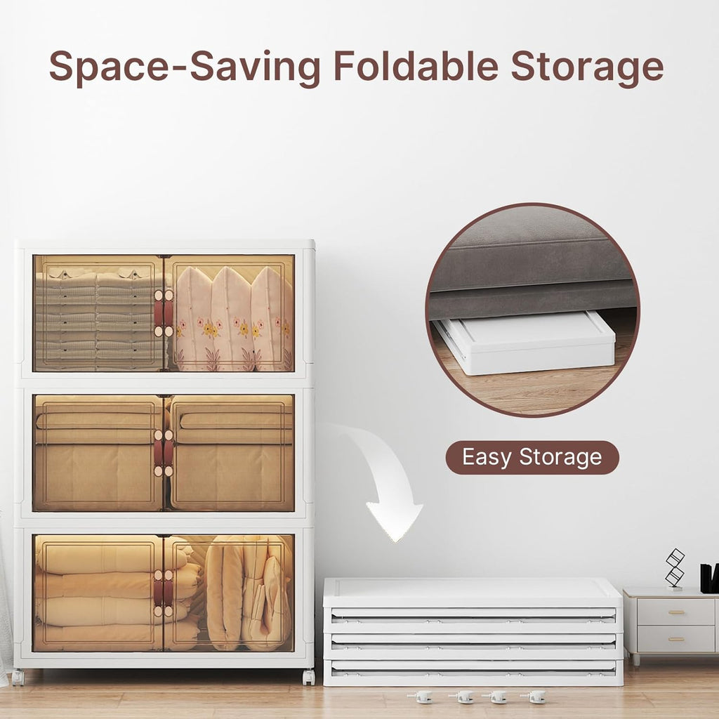 960Qt Stackable Storage Bins with Lids, 6 Pack Large Collapsible Bins with Wheels, Plastic Cabinet with Doors, Foldable Closet Organizers and Storage for Home, Dorm, Office, White