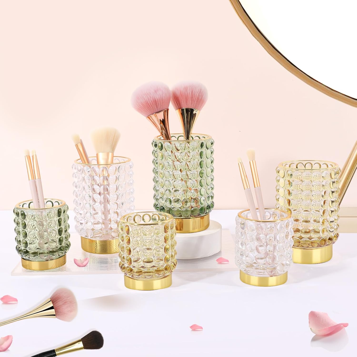 DASITON Makeup Brush Holder Organizer, Crystal Cosmetic Make Up Brush Holder, Glass Makeup Brushes Storage Organizer, Vintage Make Up Cup Desk Pen Pencil Holder, Toothbrush Holders (Yellow S)