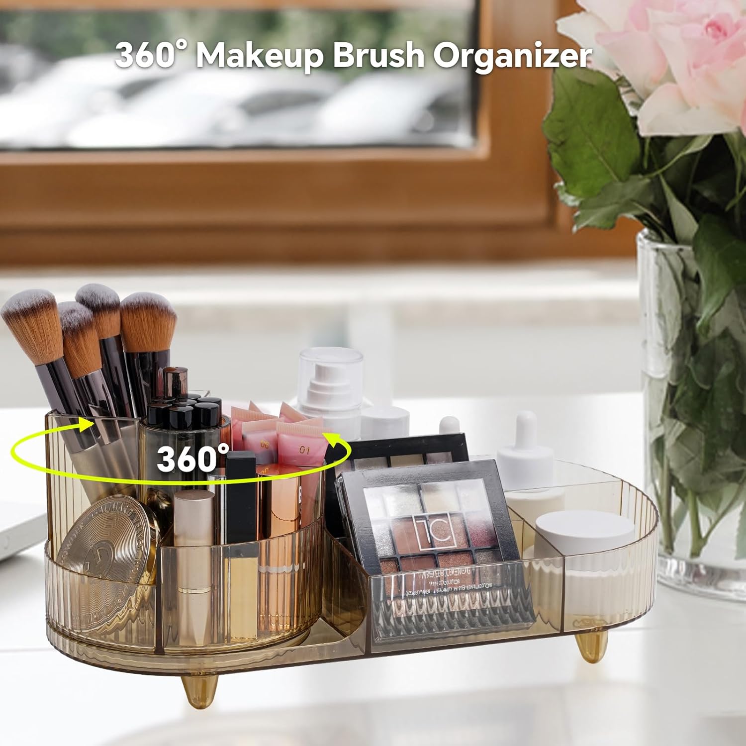 Cosmetic Makeup Storage Organizer, Countertop Makeup Perfume, Rotating Makeup Organizer for Vanity with Brush Holder, Lotions Display Case, Large Spinning Makeup Skincare Organizer (Transparent Gold)
