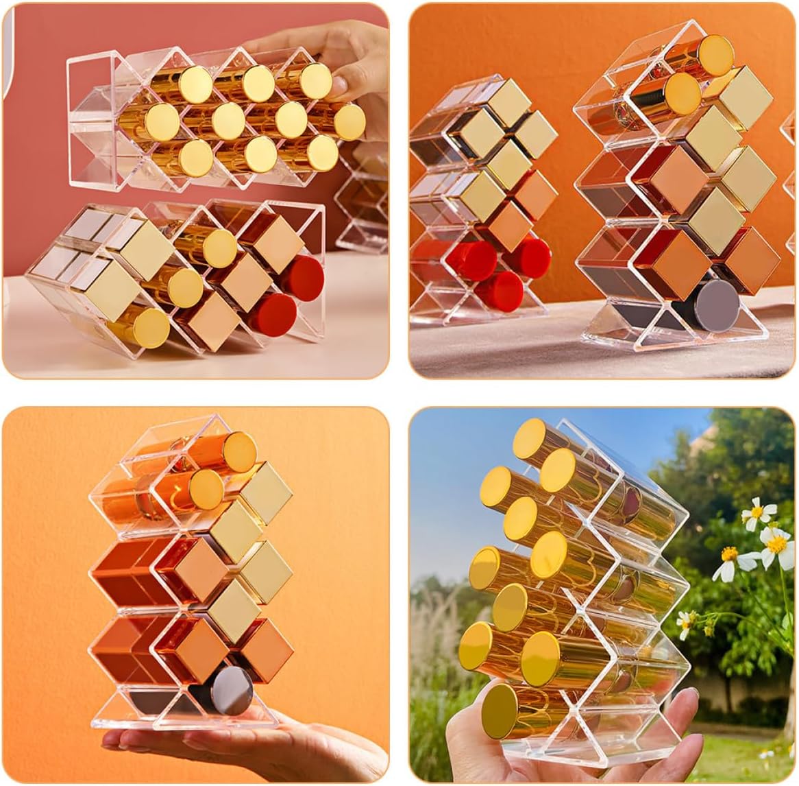 Luxshiny 2Pcs Clear Acrylic Lipstick Organizer with Compartments Dustproof Makeup Display Holder for Lip Gloss Liquid Solid Lipstick Storage Bedroom Supply Vanity Organizer