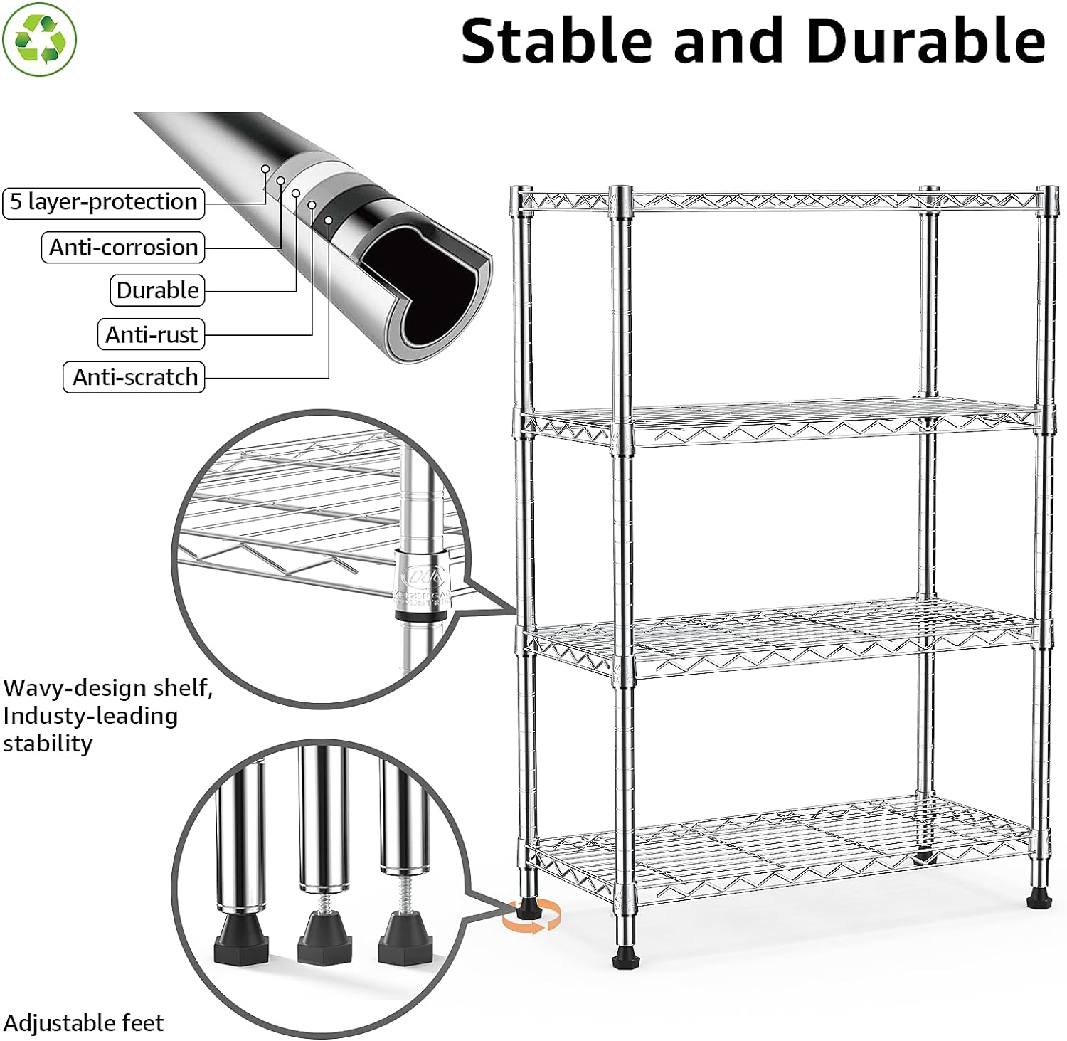 1000 lbs Storage Shelving 4-Tier Utility Shelving Unit Steel Organizer Wire Rack for Home,Kitchen,Office,Chrome (13.7" D x 23.6" W x 53.4" H)