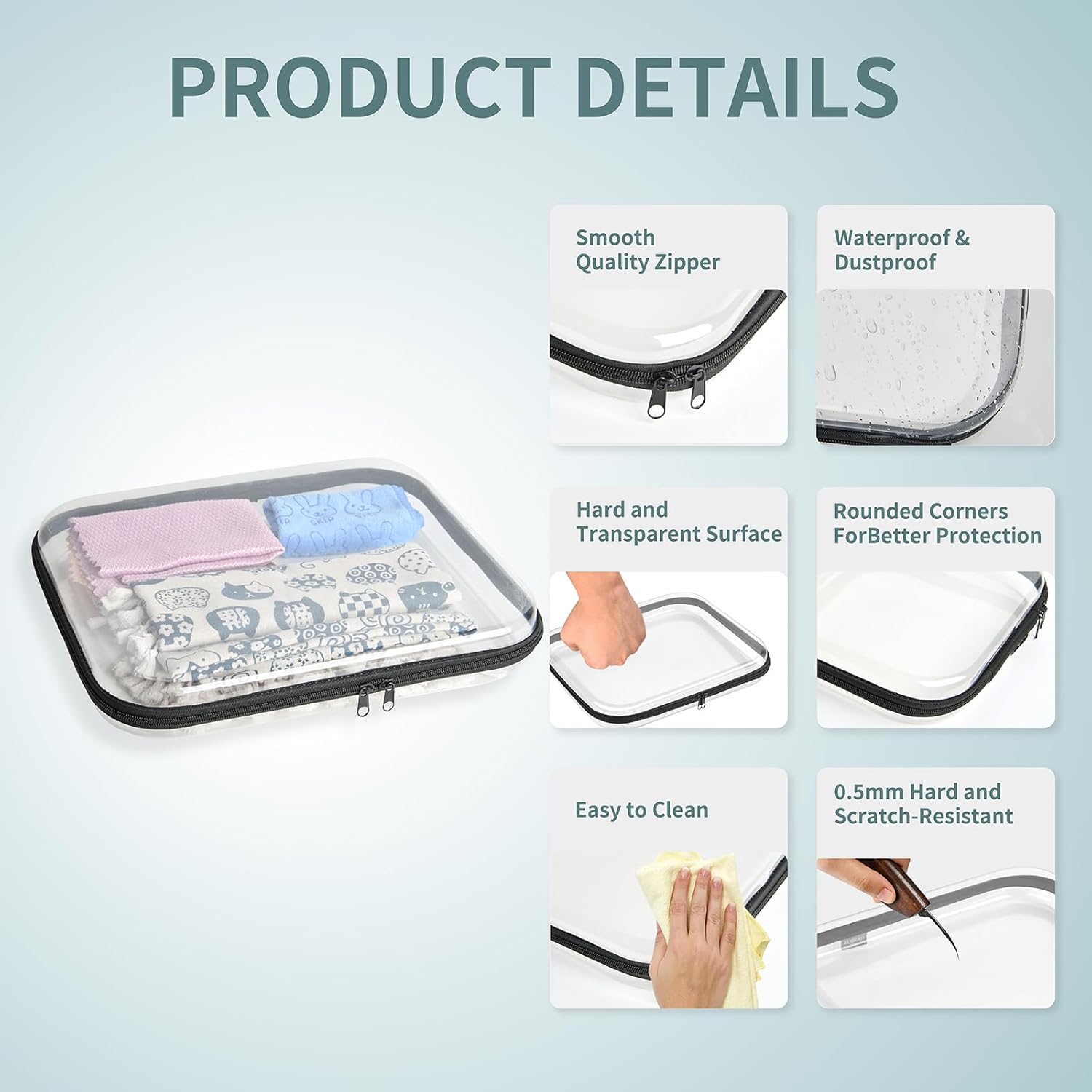 Hard Sided Clear Zipper Case for Storage- Professional-Grade Plastic Clear Zipper Pencil Case,Toy Storage Bins, Toiletry Pouch, Travel Organizer, Cosmetic Bag（Black,2 Pack, L）