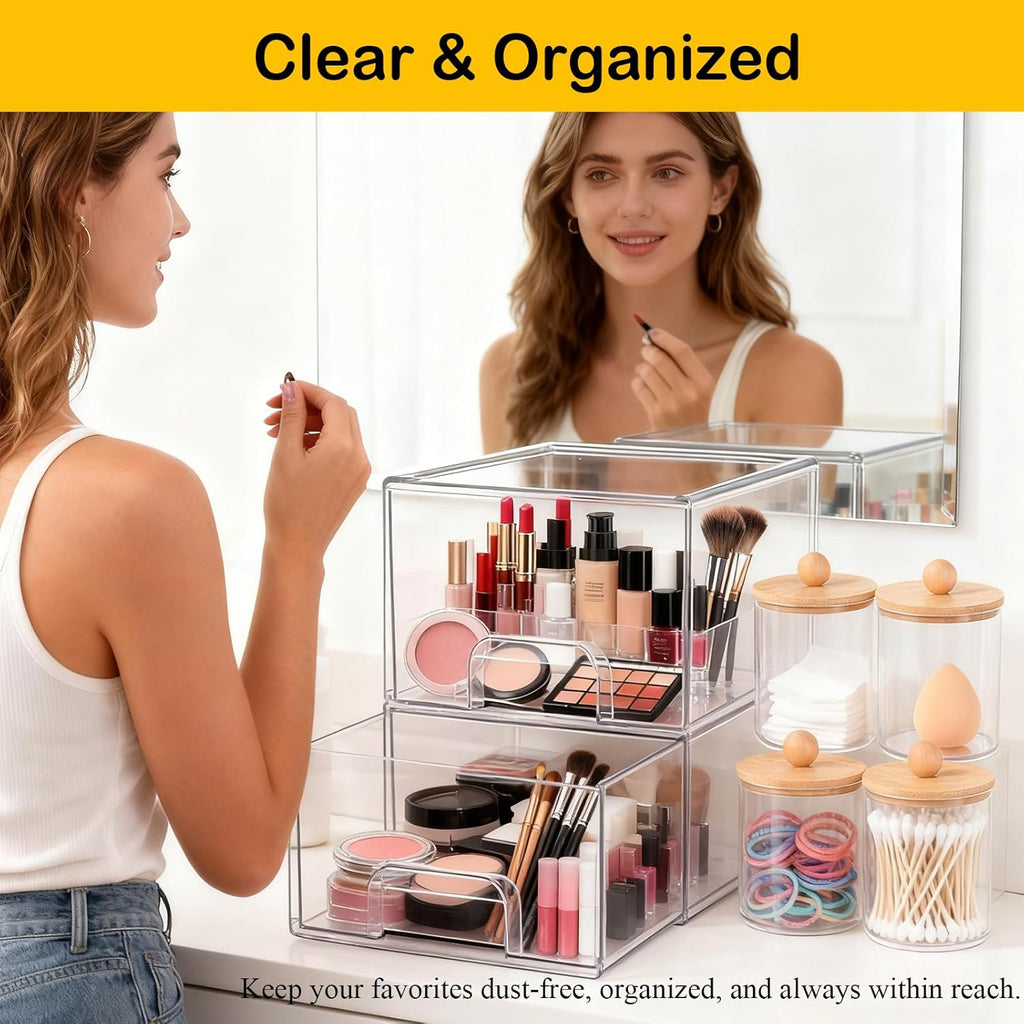 6 Pack Clear Stackable Storage Drawers & Qtip Holder Dispenser with Bamboo Lids, Clear Plastic Storage Containers for Bathroom, Vanity, Undersink, Kitchen Cabinets, Pantry, Home Organization
