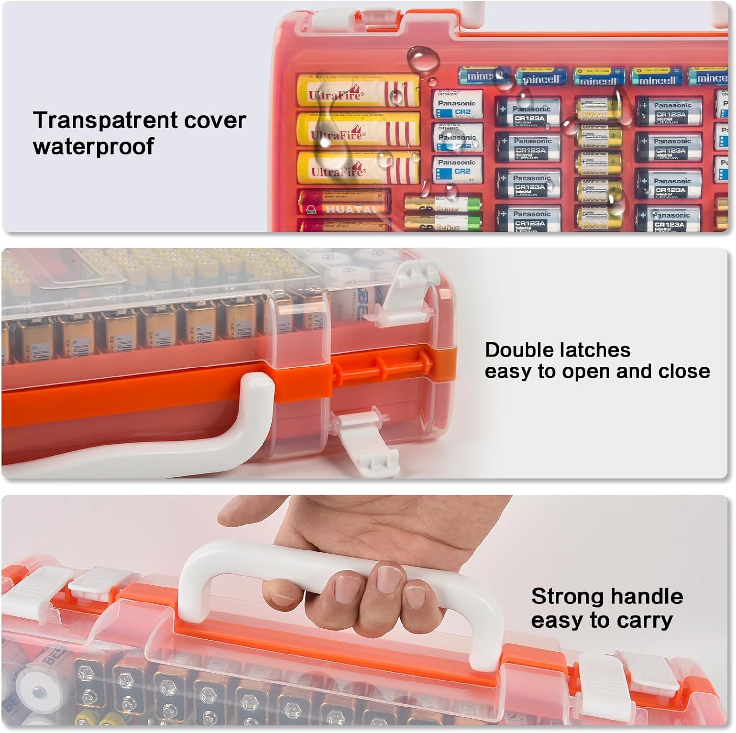 Battery Organizer Storage Holder Case with Double-Sided, Garage Box with Tester Checker. Batteries Container for 269pcs AA AAA AAAA 3A 4A 9V C D Lithium 4LR44 CR2 CR123A CR1632 CR2032 18650 - Orange