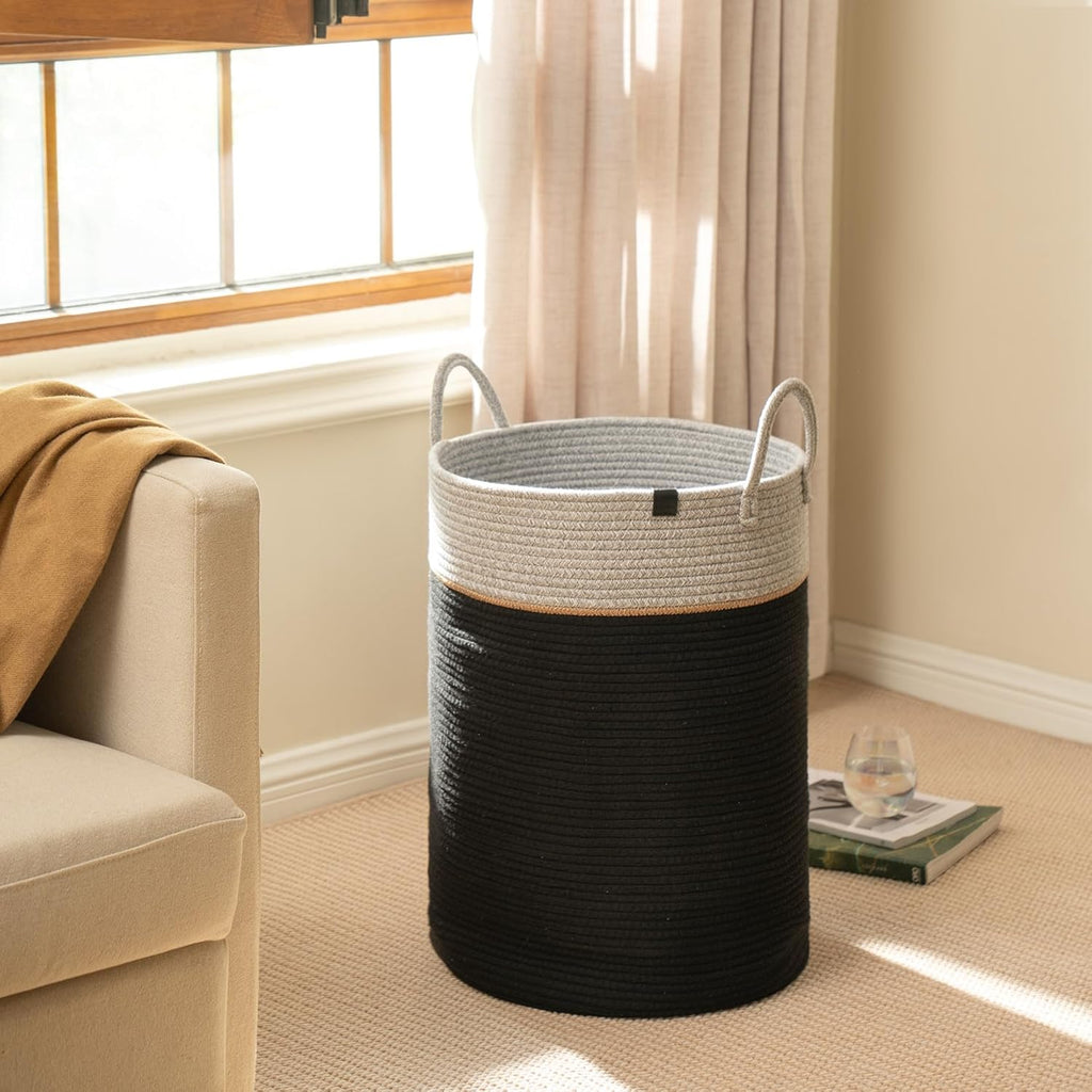 LA JOLIE MUSE Woven Basket Rope Storage Baskets - Large Cotton Organizer, Basket for Baby Blanket, Kids Toy Nursery Laundry Basket Ebony Black XL