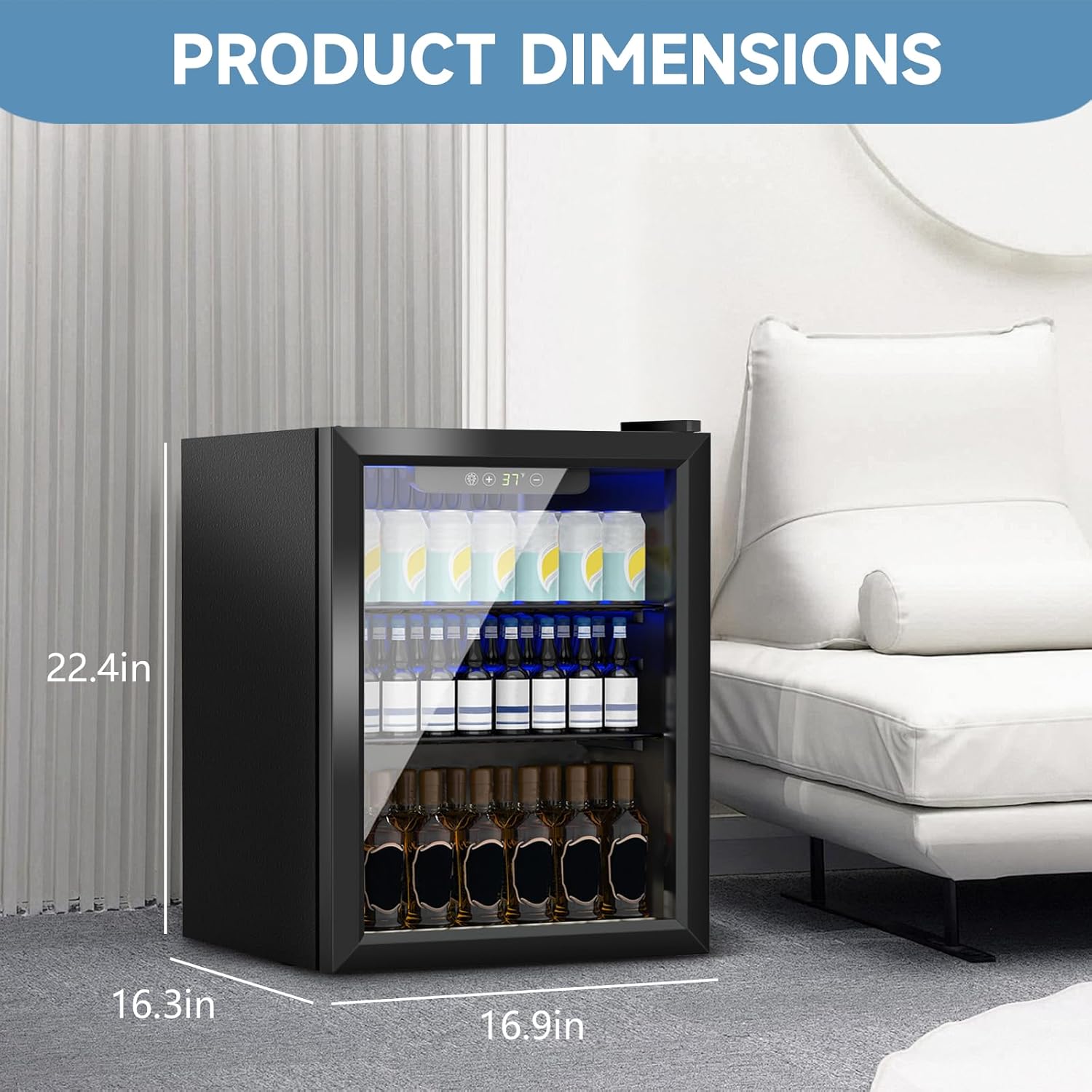 1.6 Cu.Ft Mini Fridge for 70 Cans, Small Beverage Refrigerator with Glass Door, Adjustable Shelves & Digital Display, Compact Drink Fridge for Bedroom, Office, Dorm, Bar, Under Counter Use