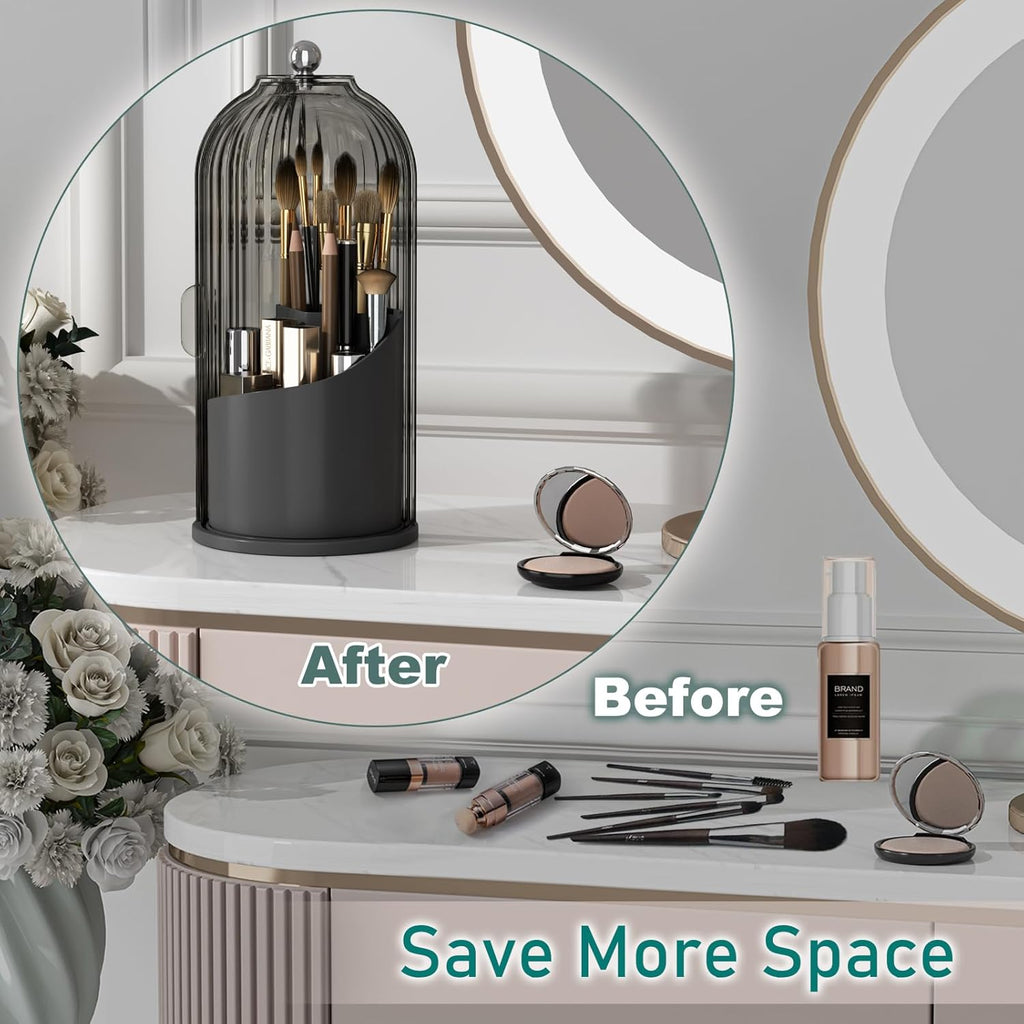GAXmi Makeup Brush Holder with Lid Cosmetic Tools Organizer 360 Rotating Waterproof Dustproof Beauty Brushes Storage for Vanity, Black-Grey