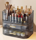 Makeup Organizer with Drawers and 360° Rotating Brush Holder, Large Capacity Cosmetic Storage for Vanity, Skincare, Perfume, Hair Accessories, Lipstick & Jewelry (Transparent Gray, 3-layer)