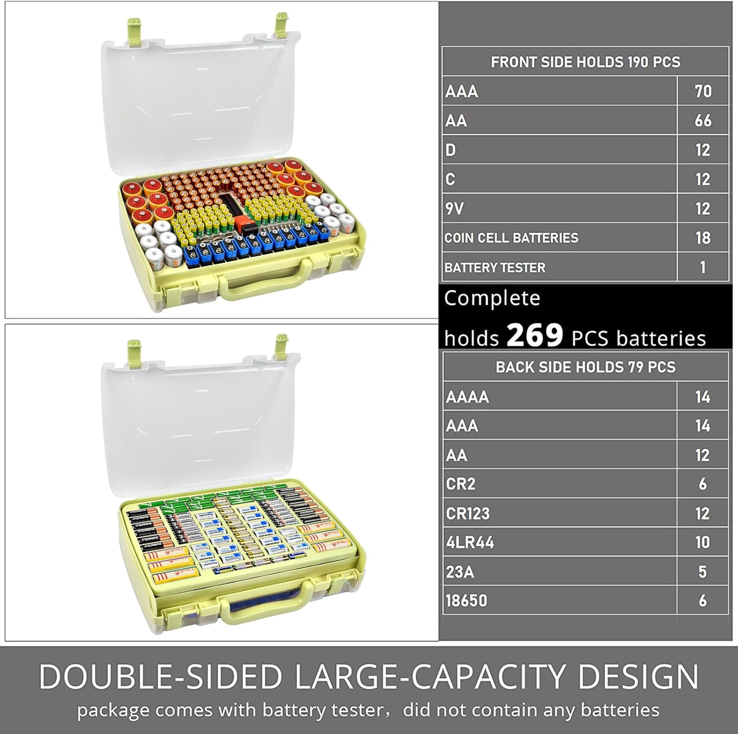 Battery Organizer Storage Holder Box Case with Tester- 269 Batteries Double-Sided Variety Pack, Holds AA AAA 4A C D Cell 9V 3V Lithium LR44 CR2 CR123 CR1632 18650 Button- Green (Box Only)