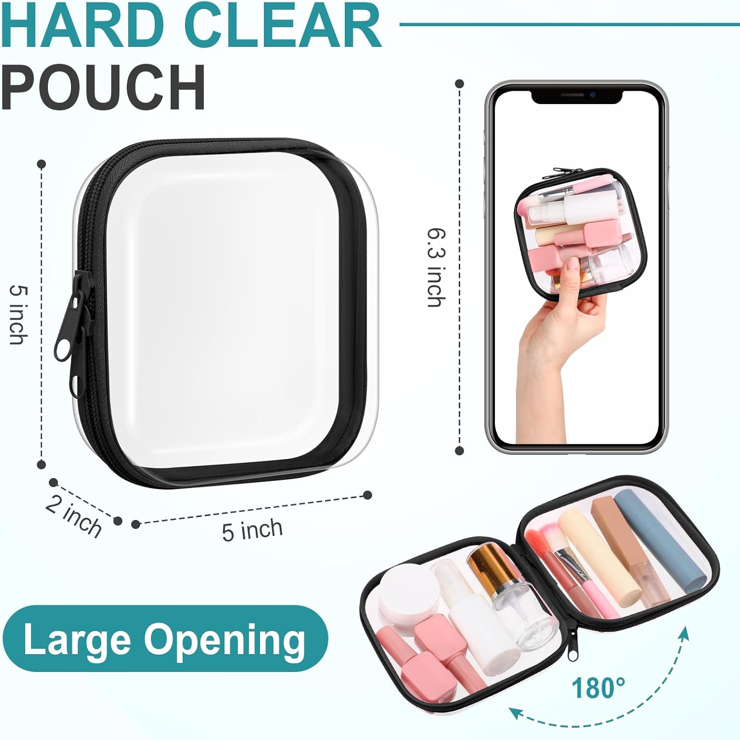 Sanwuta 6 Pcs Clear Hard Zipper Case Hard Plastic Zipper Pouches Transparent Makeup Bag Pencil Pouches for Travel Snacks Christmas Trinket Storage Organizer Box(Black,5 x 5 x 2 Inch)