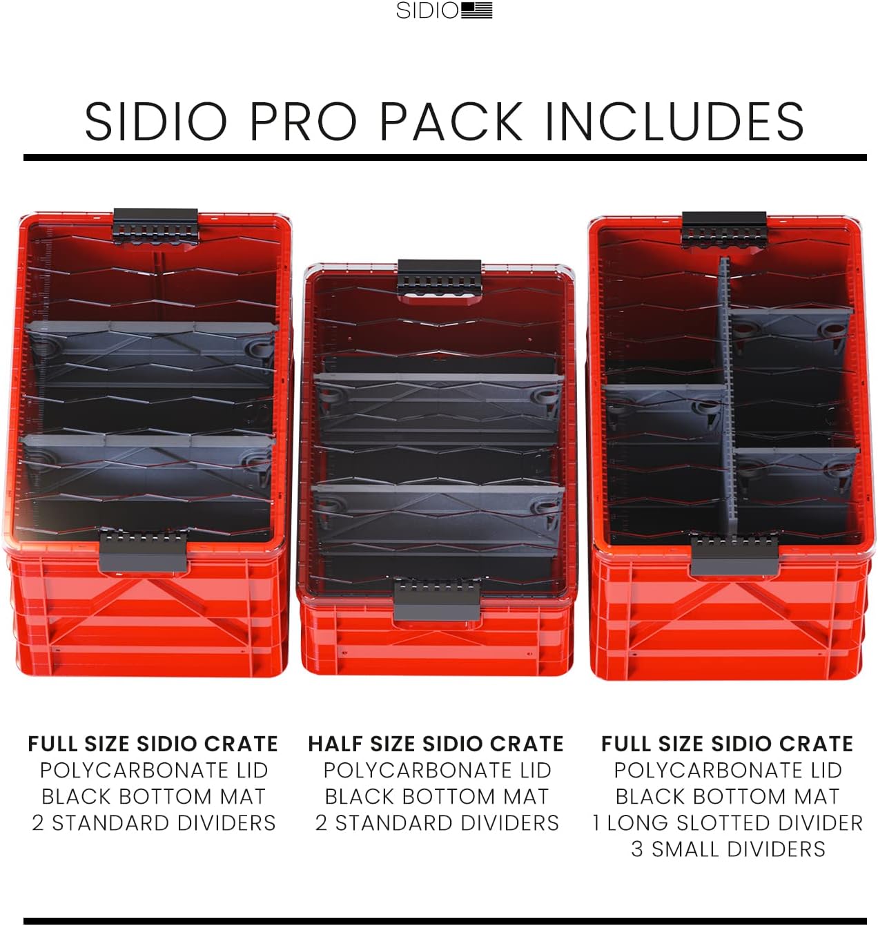 SIDIO CRATE Pro Pack - Two Full Size and One Half Size SidioCrate, Stackable Outdoor Organizer Storage Bins with Clear Lid and Dividers