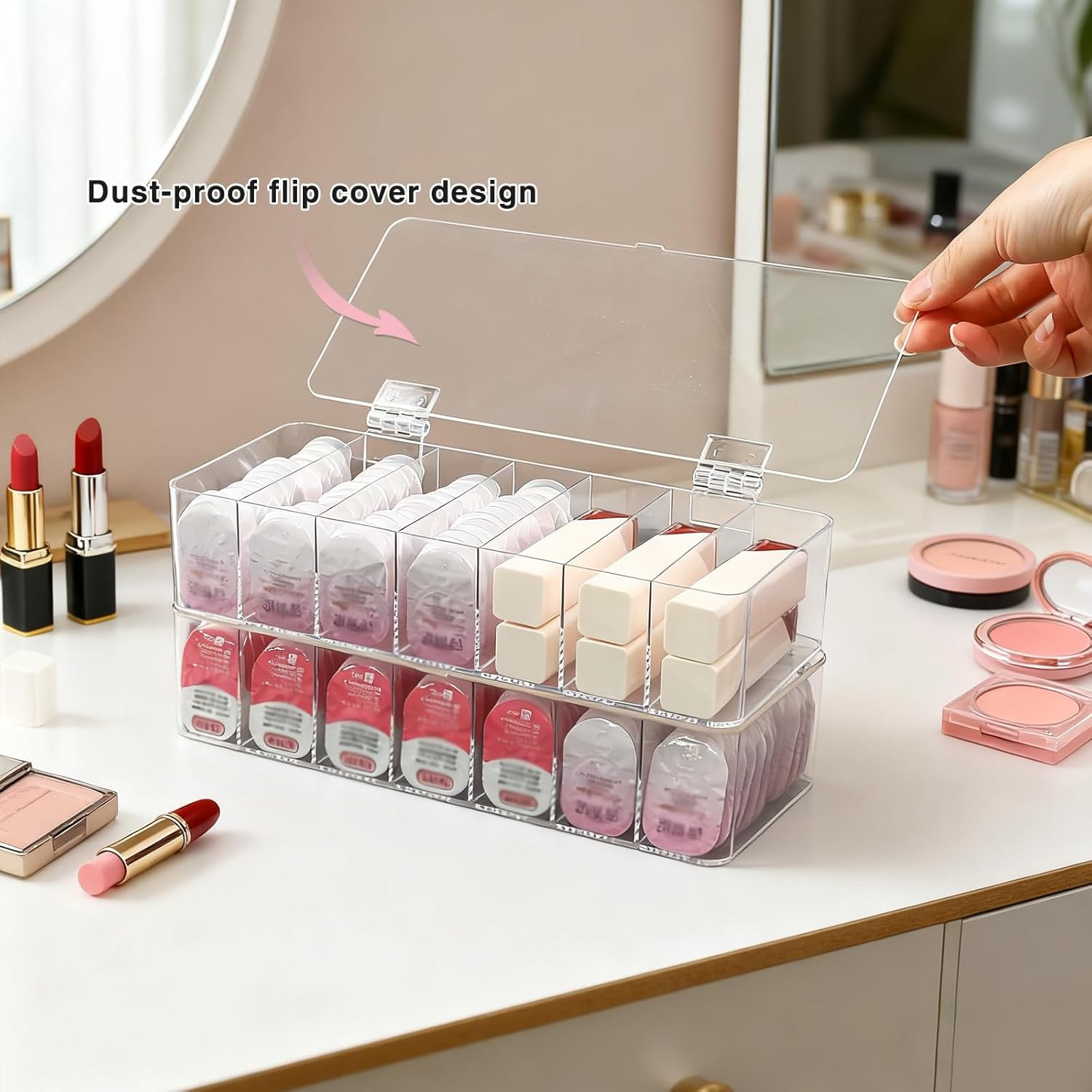 2 Pack Clear Acrylic Makeup Organizers, 7-Section Bathroom Organizer for Drawer, Cosmetic Display Cases with Lid, Blushes Highlighters Eyeshadow Powder Makeup Organizer Holder Storage