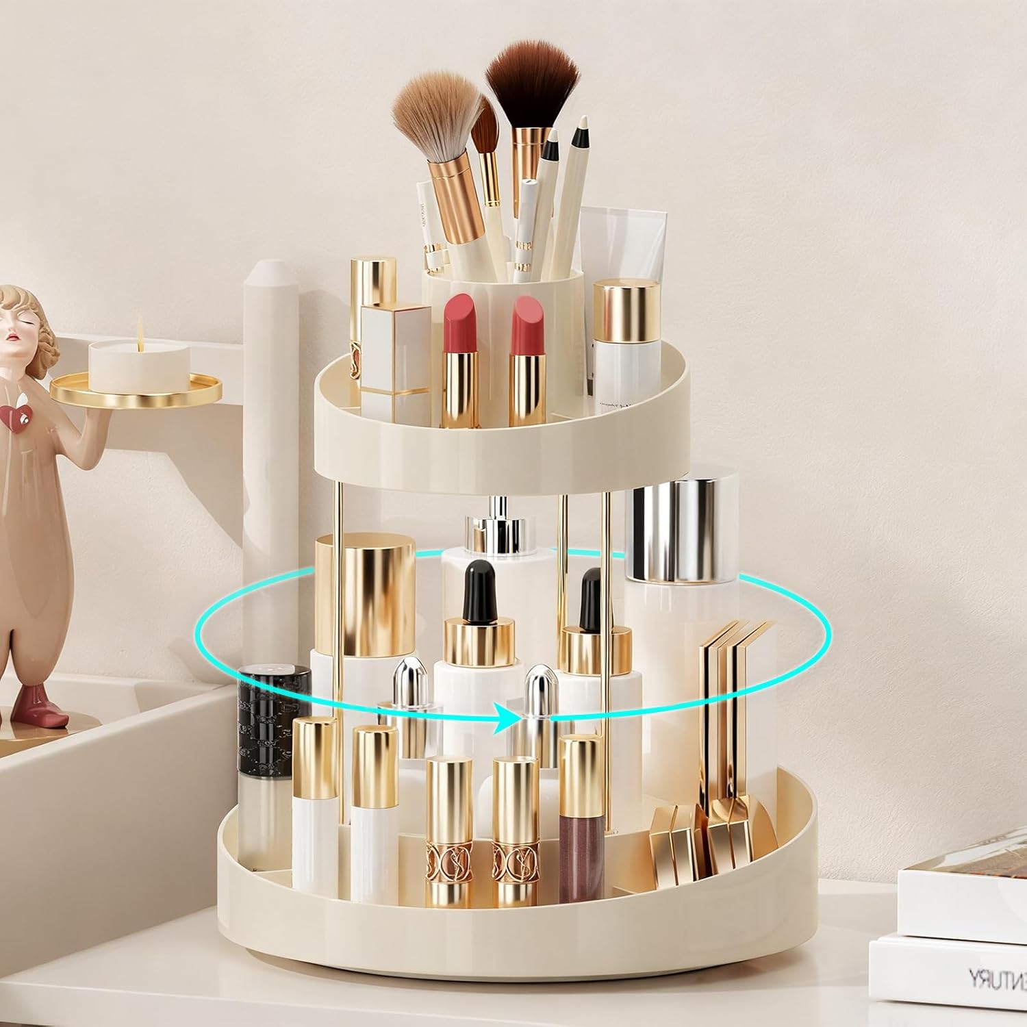 2 tier Makeup Organizer Countertop,360 Rotating Makeup Organizer for Skincare, Lipstick and Perfumes,Multi-function Cosmetic Display Cases for Vanity,Bathroom,White