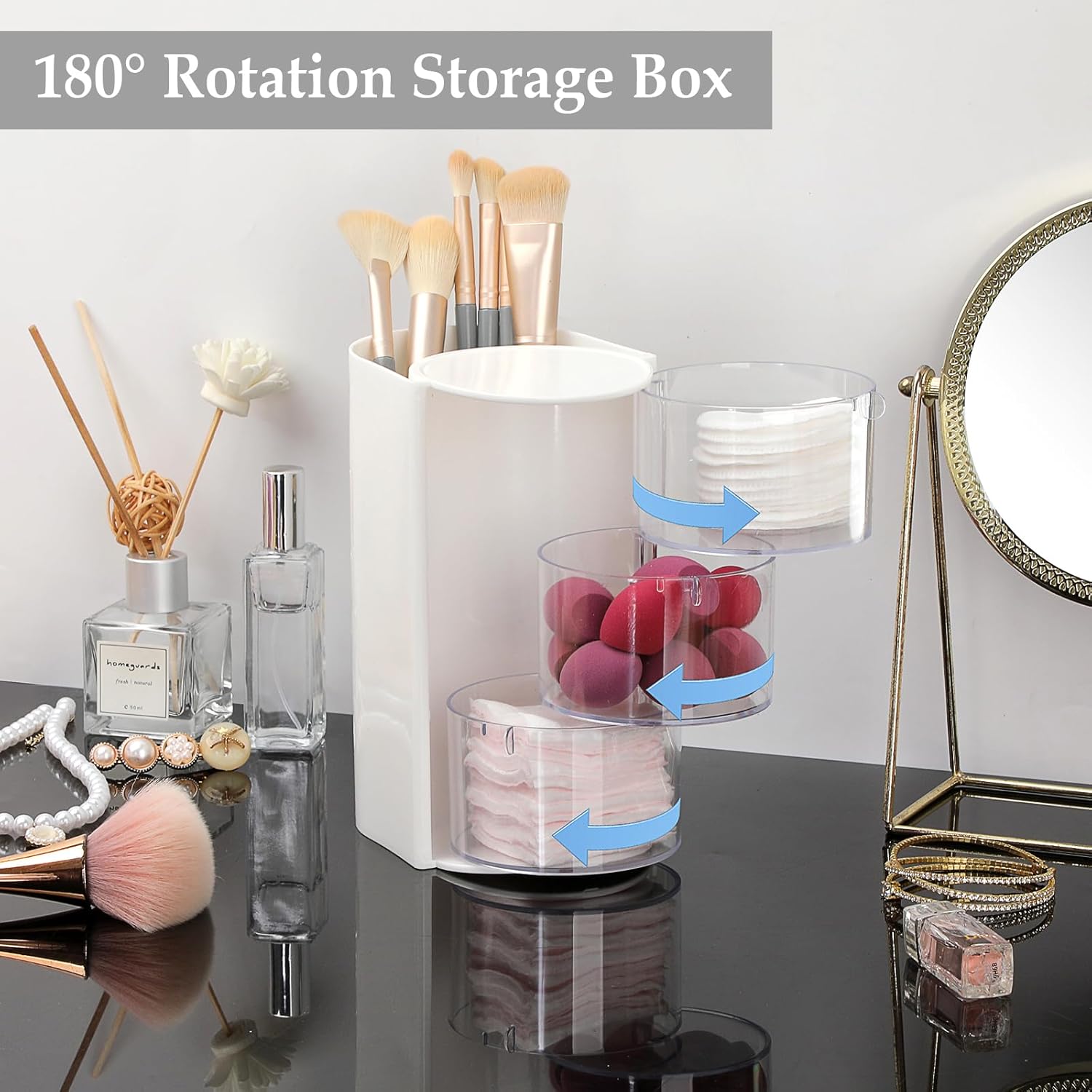 Rotating Accessories Organizer with Comb Holder Plastic Hair Clips Storage Container Cosmetic Storage Box for Makeup Sponge Brush, 3-Layer White