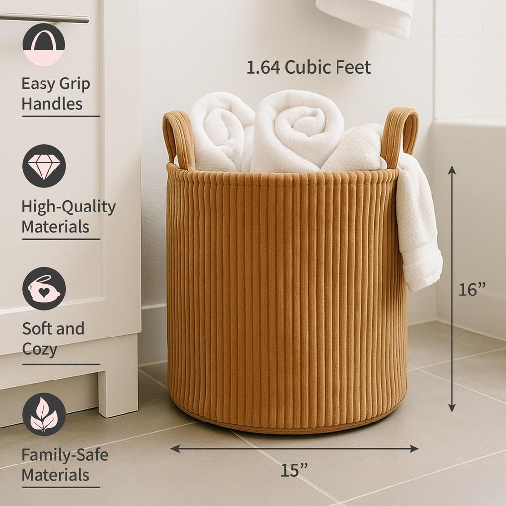 PUTSKA Blanket Basket – Round Storage for Toys and Blankets, Clothes, Stuffed Animals – Soft Baby Girl Basket for Nursery, Kids Room, Bedroom, Living Room – Large, Brown