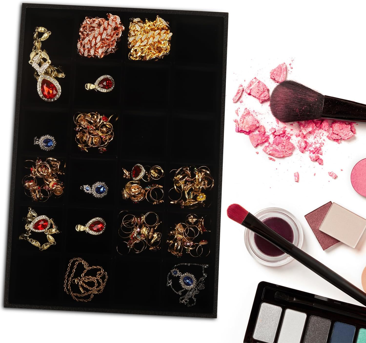 Rocutus Jewelry Organizer Tray,3 Pack Velvet 24 Grid Earring Holder Stackable Jewelry Tray Ring Storage Organizer, Velvet Jewelry Box, Gray, 14x10 - Necklace & Dresser Storage