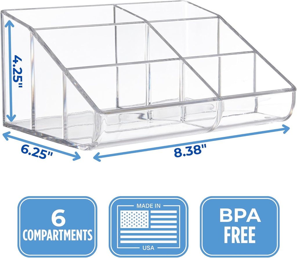 STORi Clear Plastic Vanity Makeup Organizer | 6-Compartment Holder for Brushes, Eyeshadow Palettes, & Beauty Supplies | Curved Front Design | Made in USA