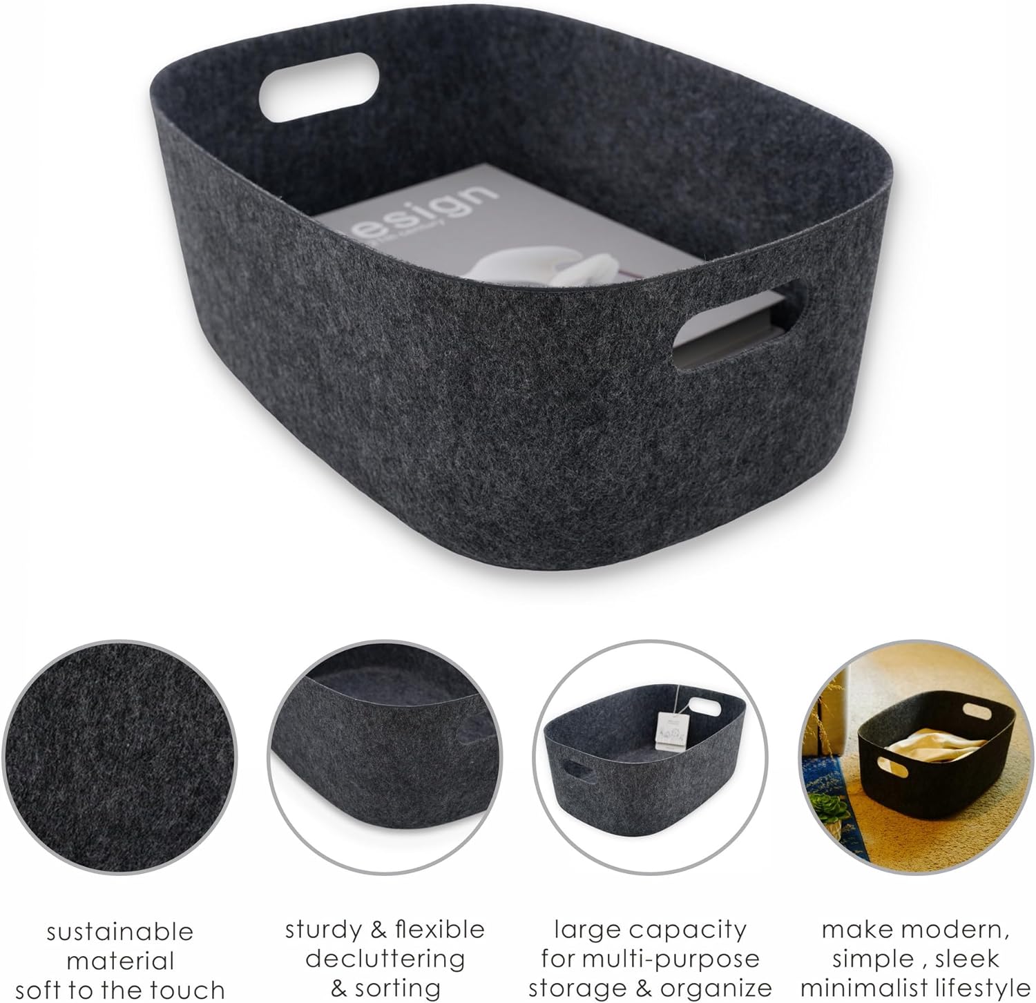 Welaxy Large Storage Basket Felt Open Desk Organize bin Shelf Box with handles lightweight carry for Magazines Books Junk Kids Toys Pet Clothes Laundry sleek minimalist lifestyle (Charcoal)
