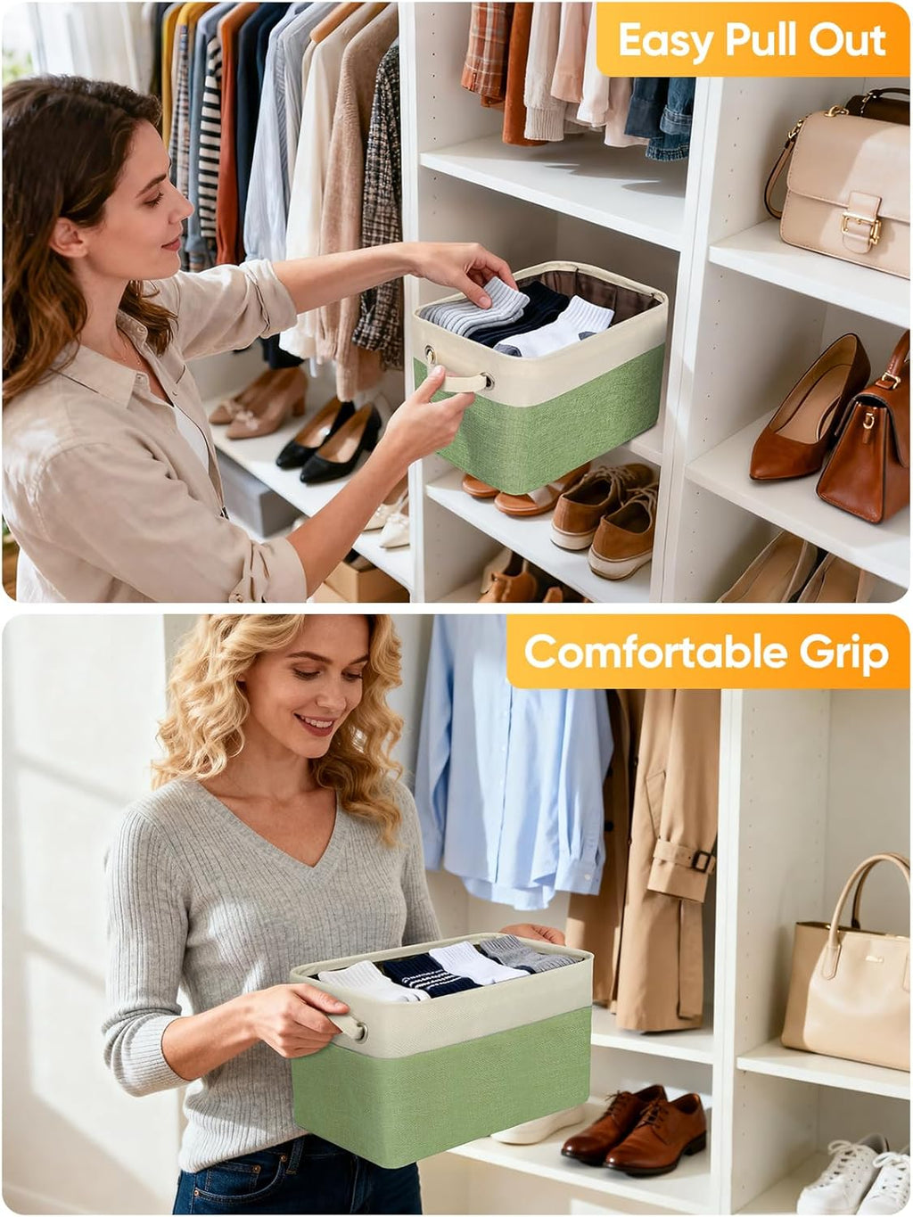 BALEINE 2 Pack Fabric Storage Bins for Shelves, Linen Storage Baskets for Organizing, Decorative Closet Bins for Clothes, Home (Green, 17''x13''x10.5'')