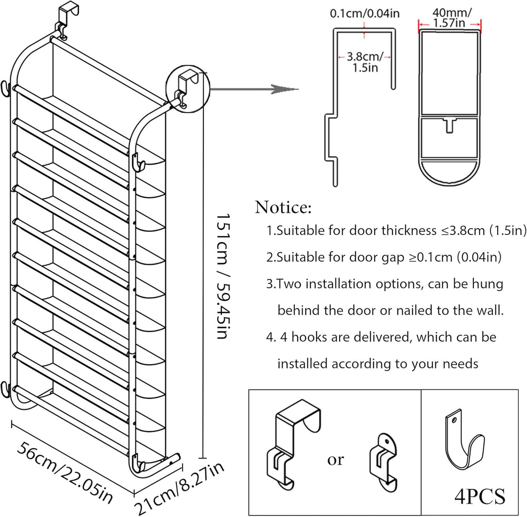 10 Tier Shoe rack Hanging Shoe Storage the door shoe rack for Closet Pantry Over The Door Shoe Organizer Wall Floating Shelves (Black, 10 Tier)