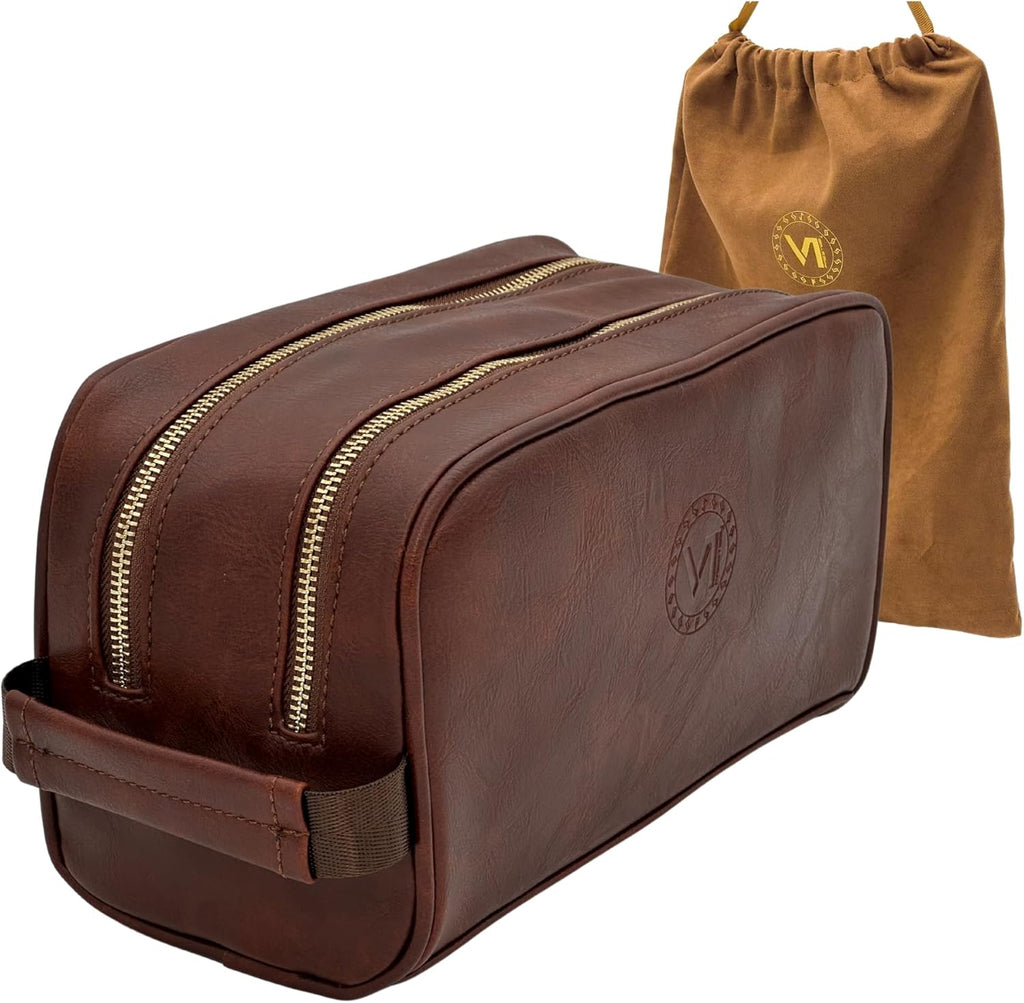 Dopp Gift Large Travel Toiletry Bag Premium Quality PU Leather Two compartments YKK Zippers Water-resistant Bottom Studs Mesh Pockets Durable Cosmetic Organizer DARK BROWN