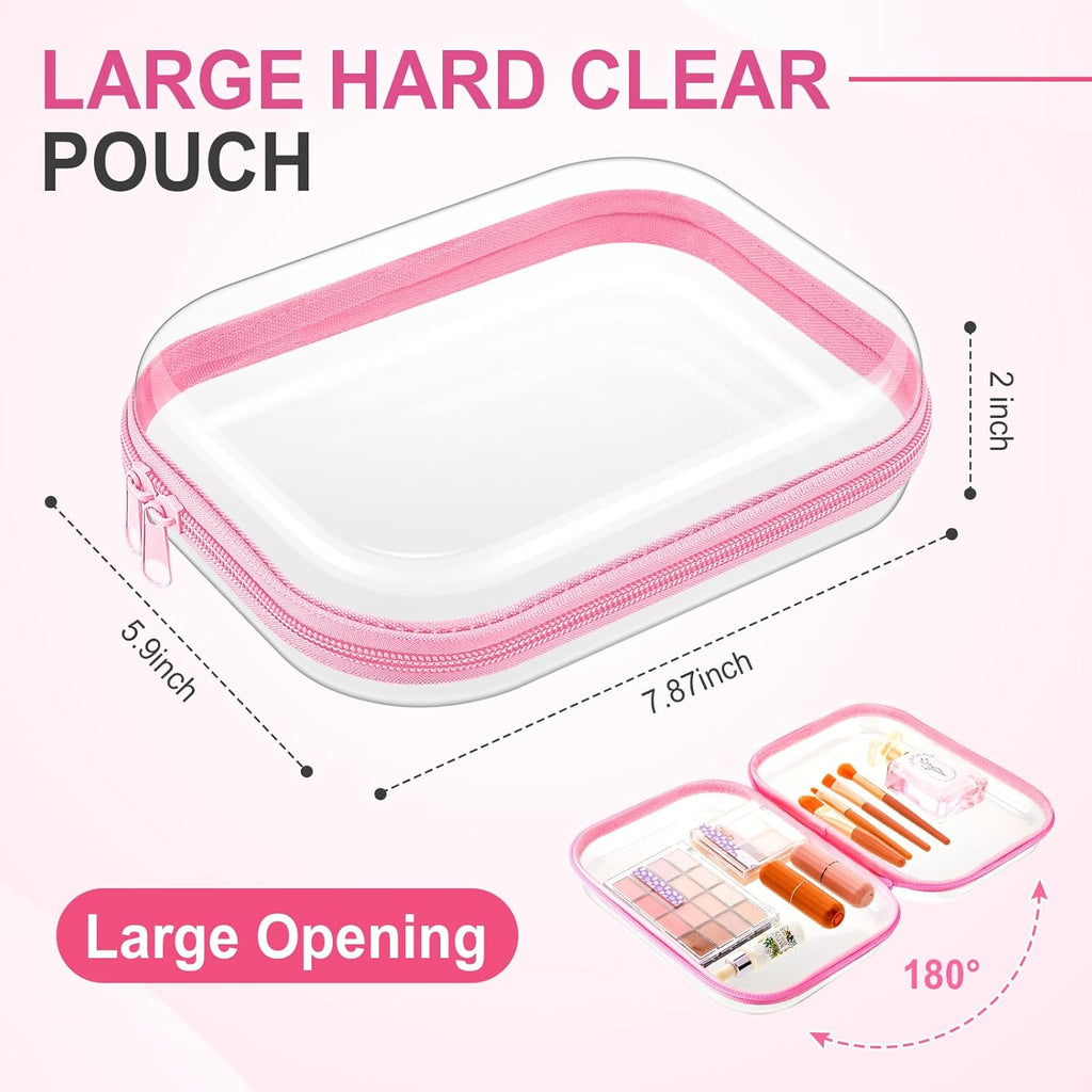 Sanwuta 6 Pcs Clear Hard Zipper Case Hard Plastic Zipper Pouches Transparent Makeup Bag Pencil Pouches for Travel Snacks Christmas Trinket Storage Organizer Box(Pink,7.87 x 5.9 x 2 Inch)
